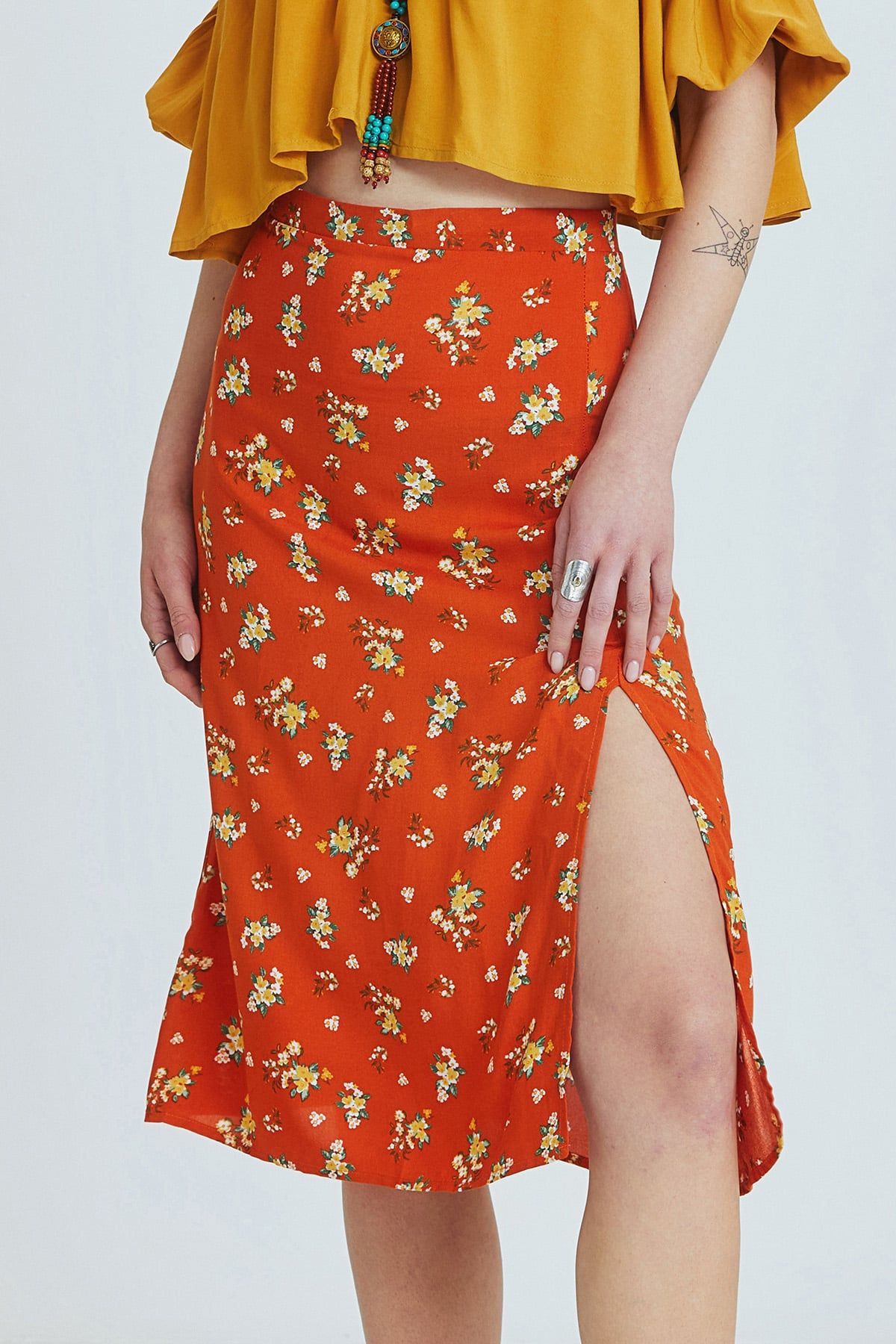 Orange Floral High-Waisted Midi Bohemian Skirt with Side Slit