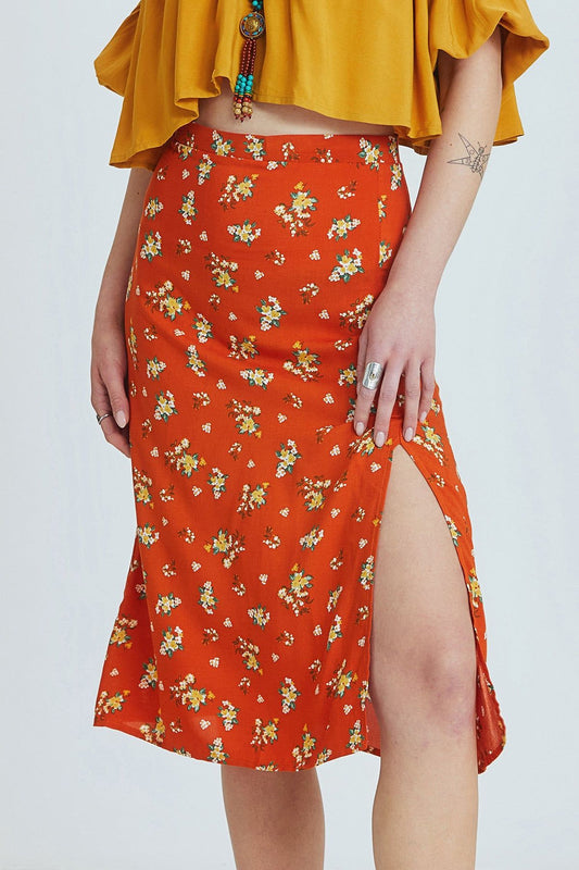 Orange Floral High-Waisted Midi Bohemian Skirt with Side Slit