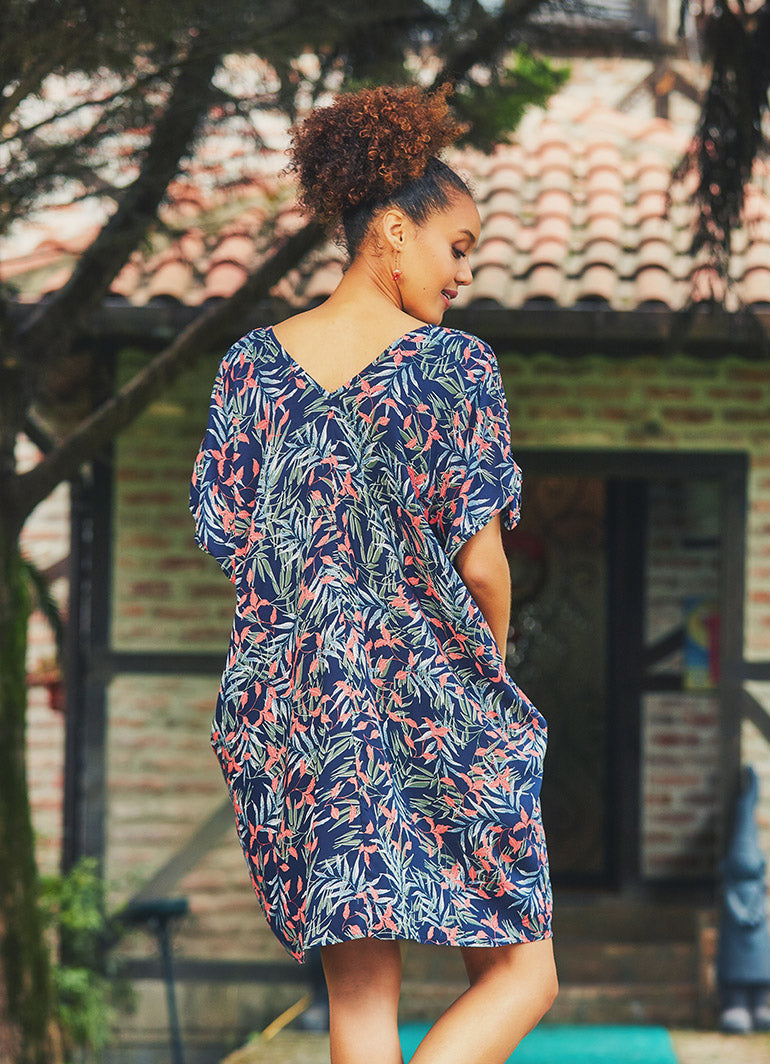 Blue Tropical Print Summer Dress