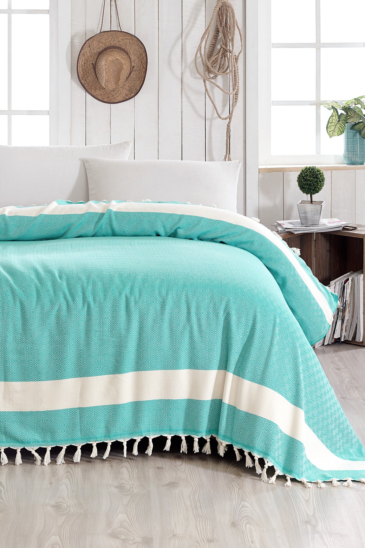 Peshtemal Pattern Cotton Summer Blanket Turquoise