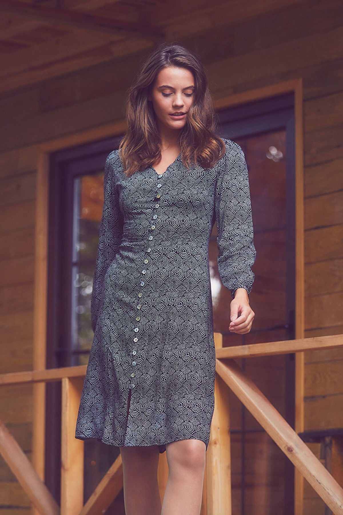 Long Sleeve Printed Dress Black