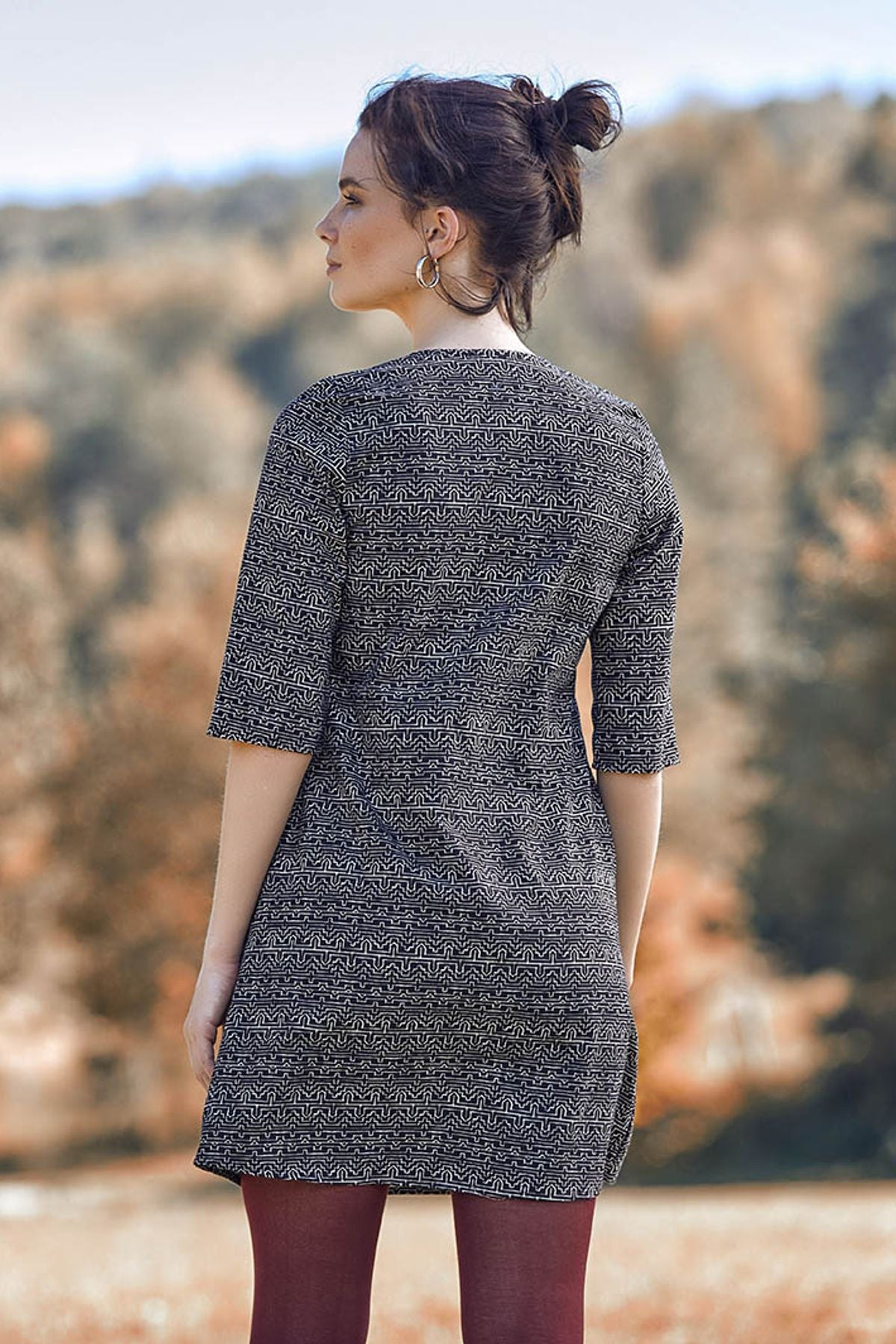 Half Sleeve Fall Dress Black - White