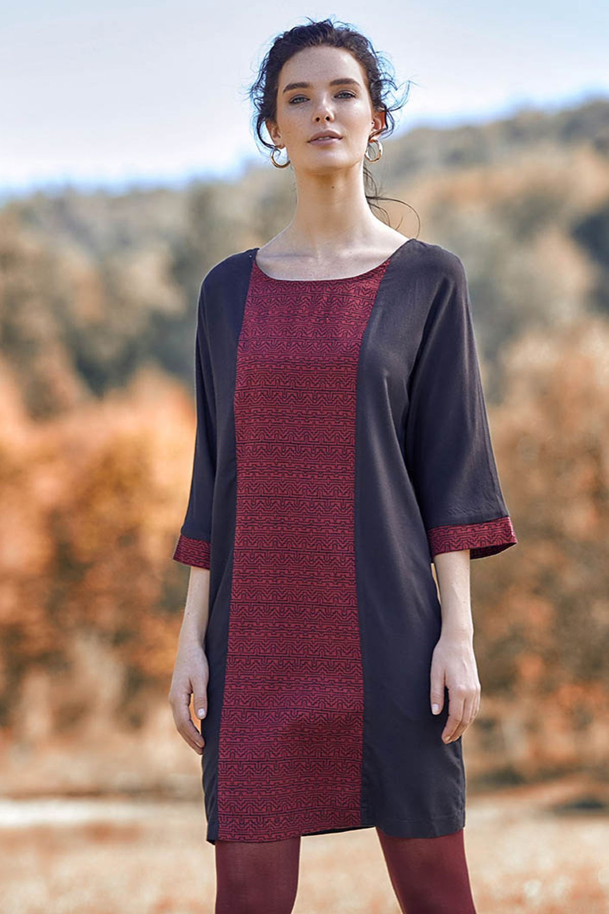 3/4 Sleeve Printed Dress Black