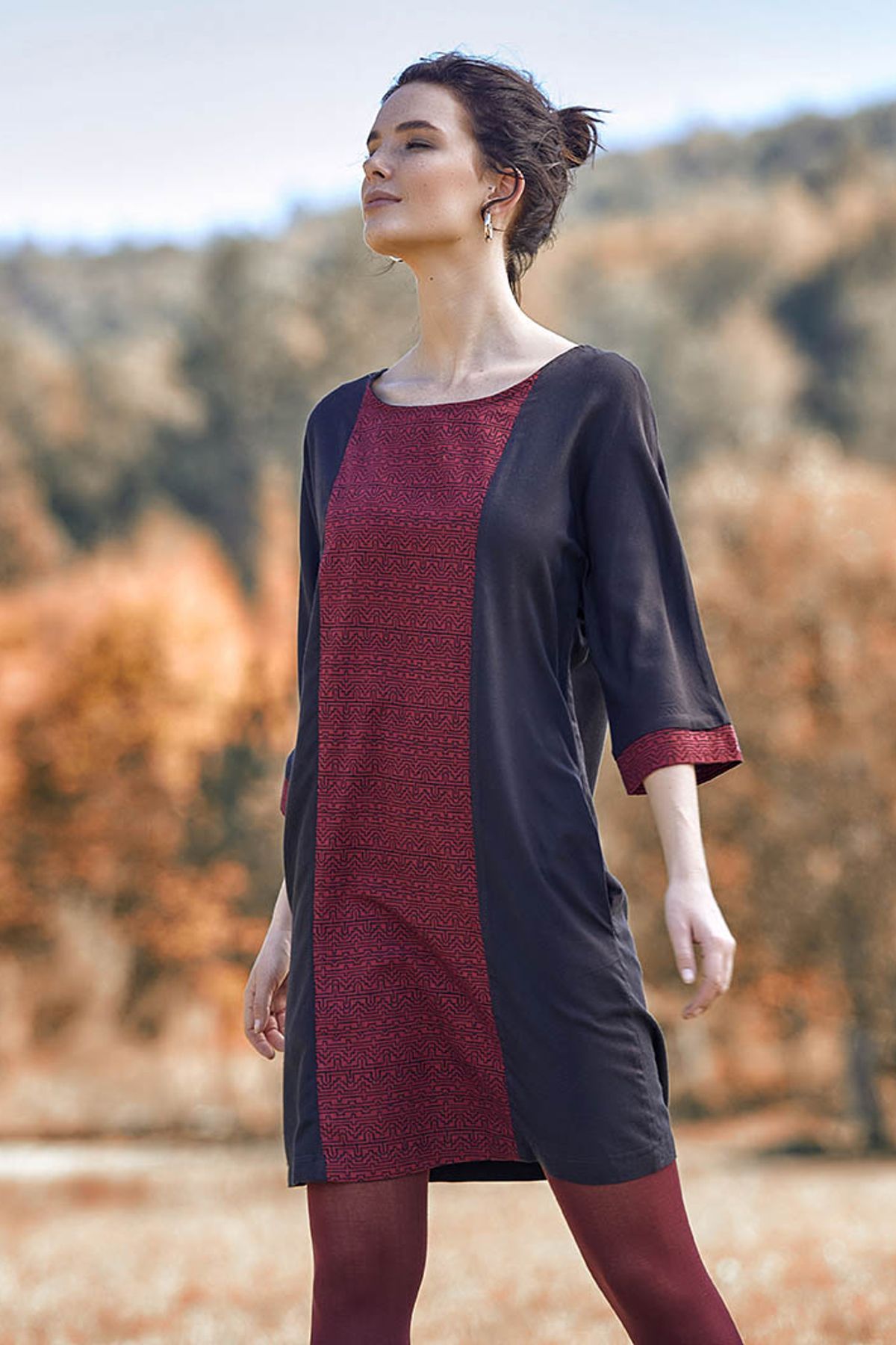 3/4 Sleeve Printed Dress Black