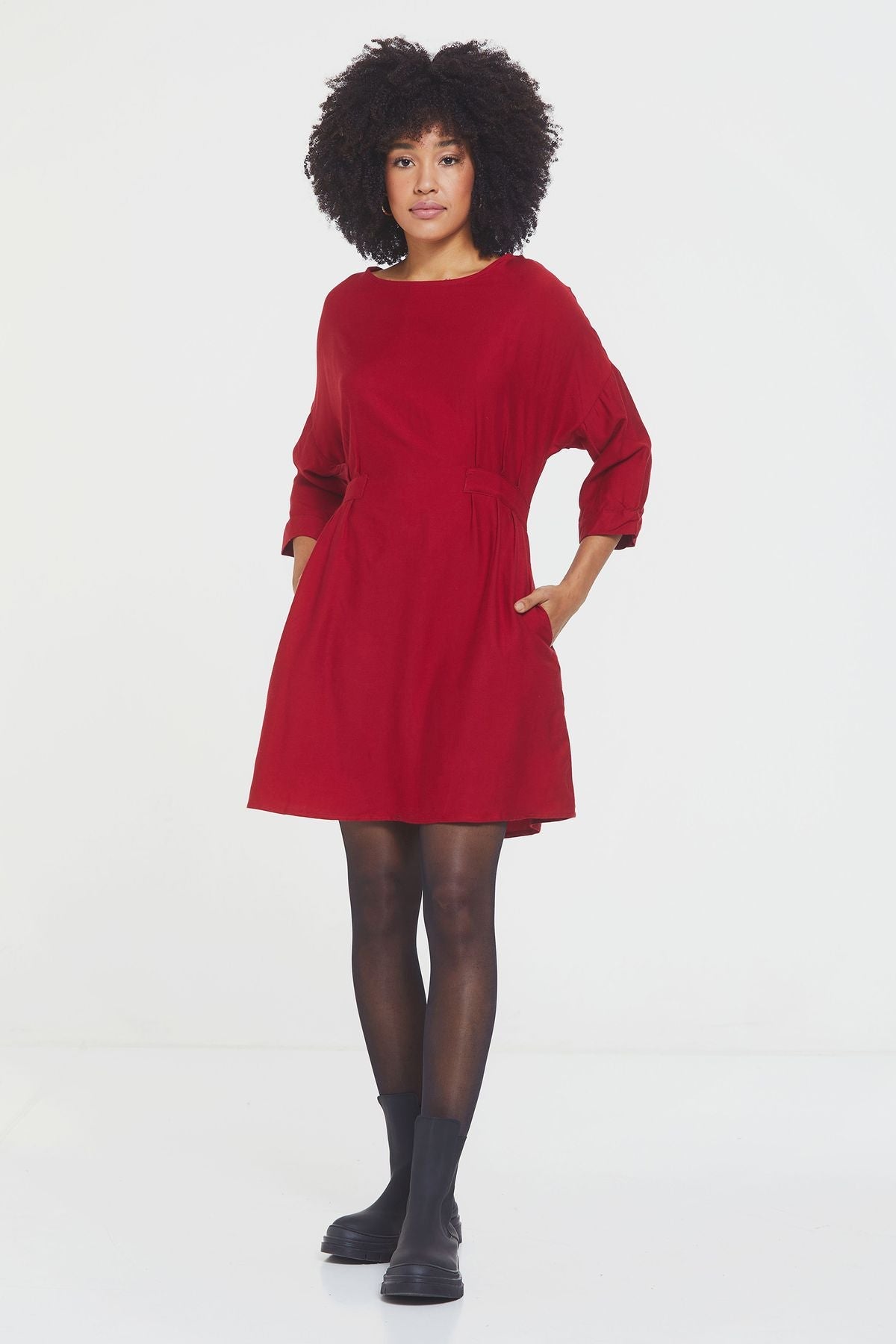 Boat Neck Boho Winter Dress Red