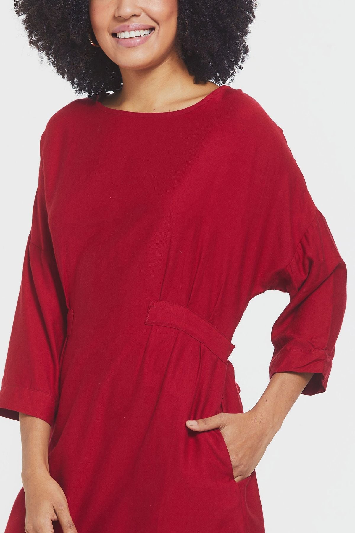 Boat Neck Boho Winter Dress Red
