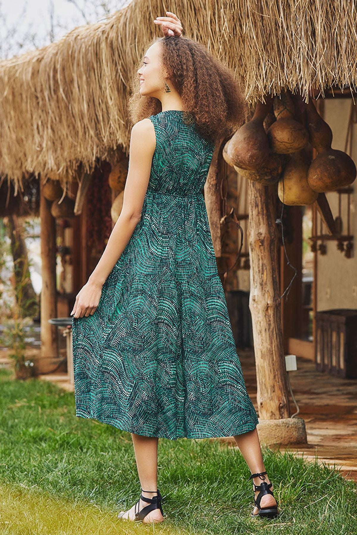 Short Sleeve Printed Midi Sun Dress Green