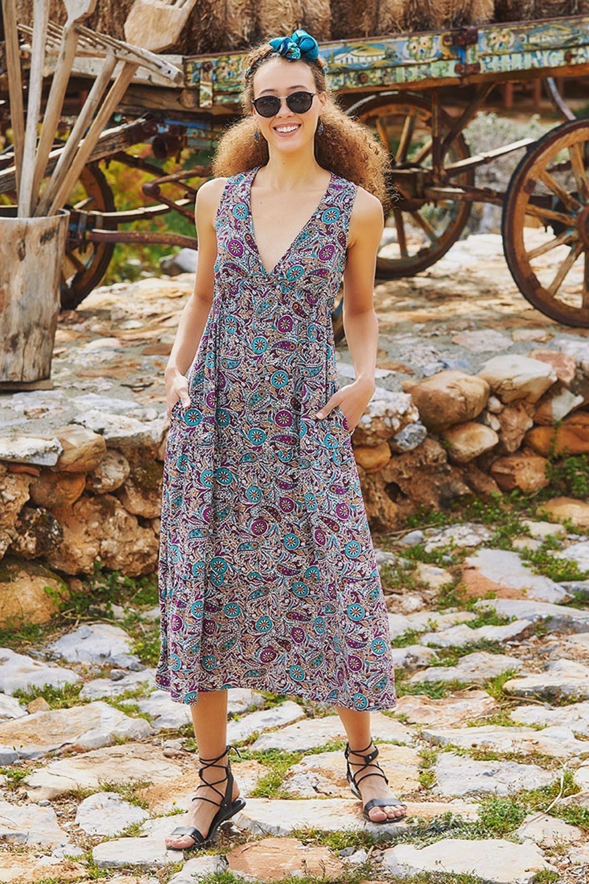 Short Sleeve Printed Midi Sun Dress Purple