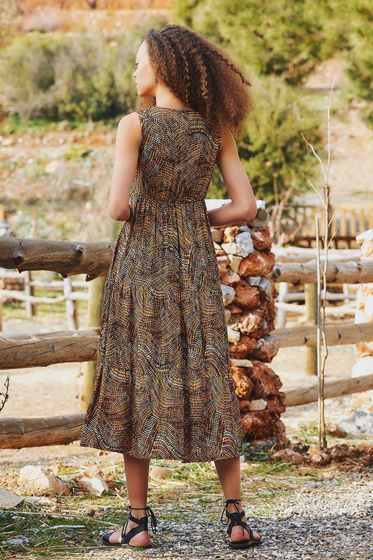 Short Sleeve Printed Midi Sun Dress Yellow