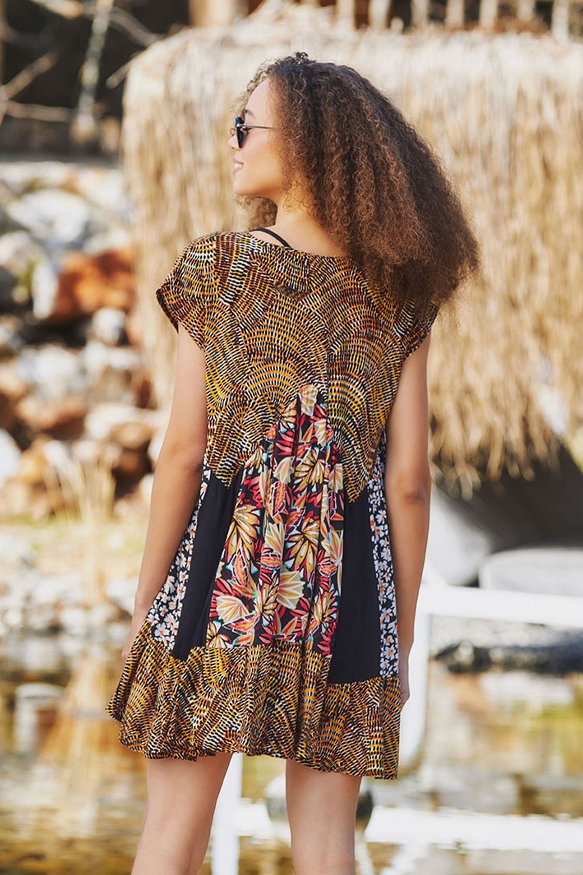 Frilled Mini Patchwork Dress Yellow