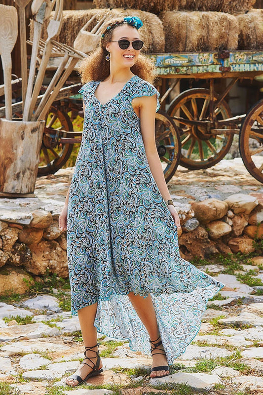 Short Front Long Back Printed Dress Blue