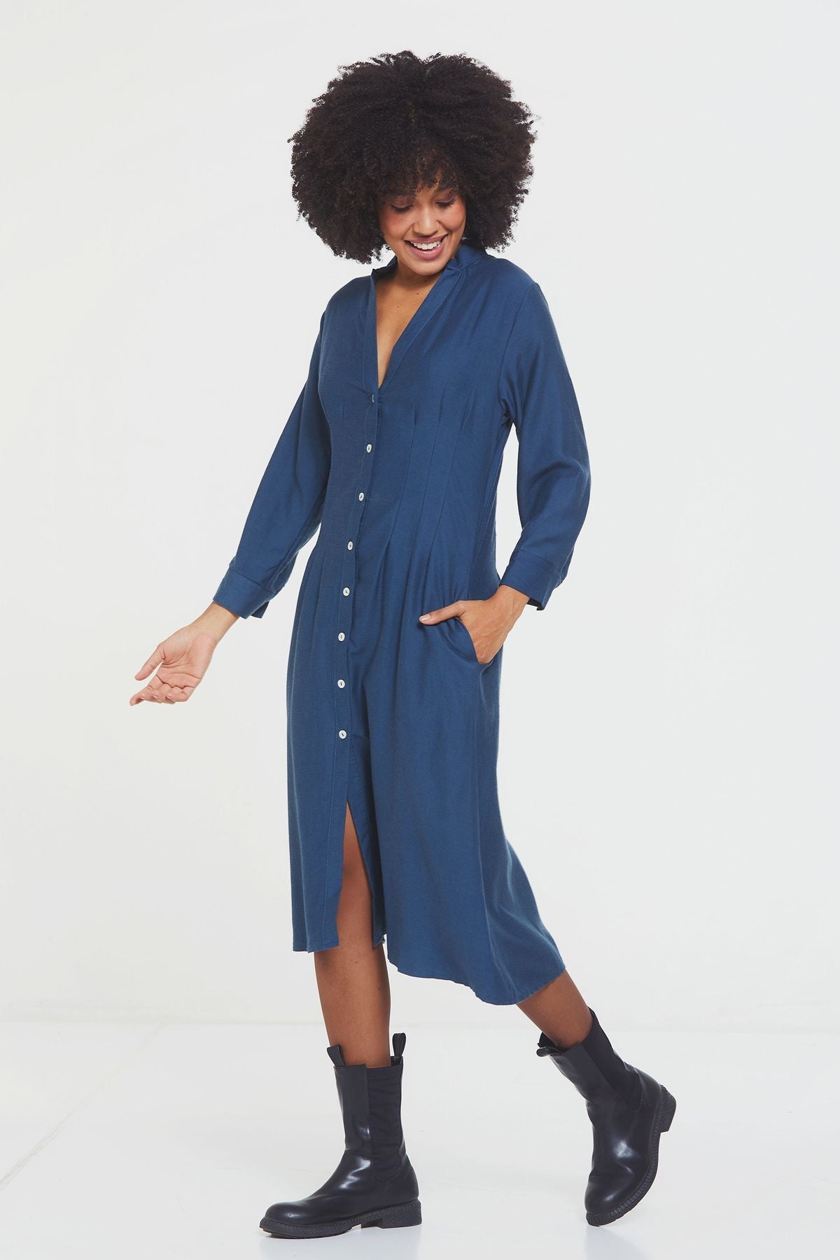 Button Up Midi Fall Dress Blue