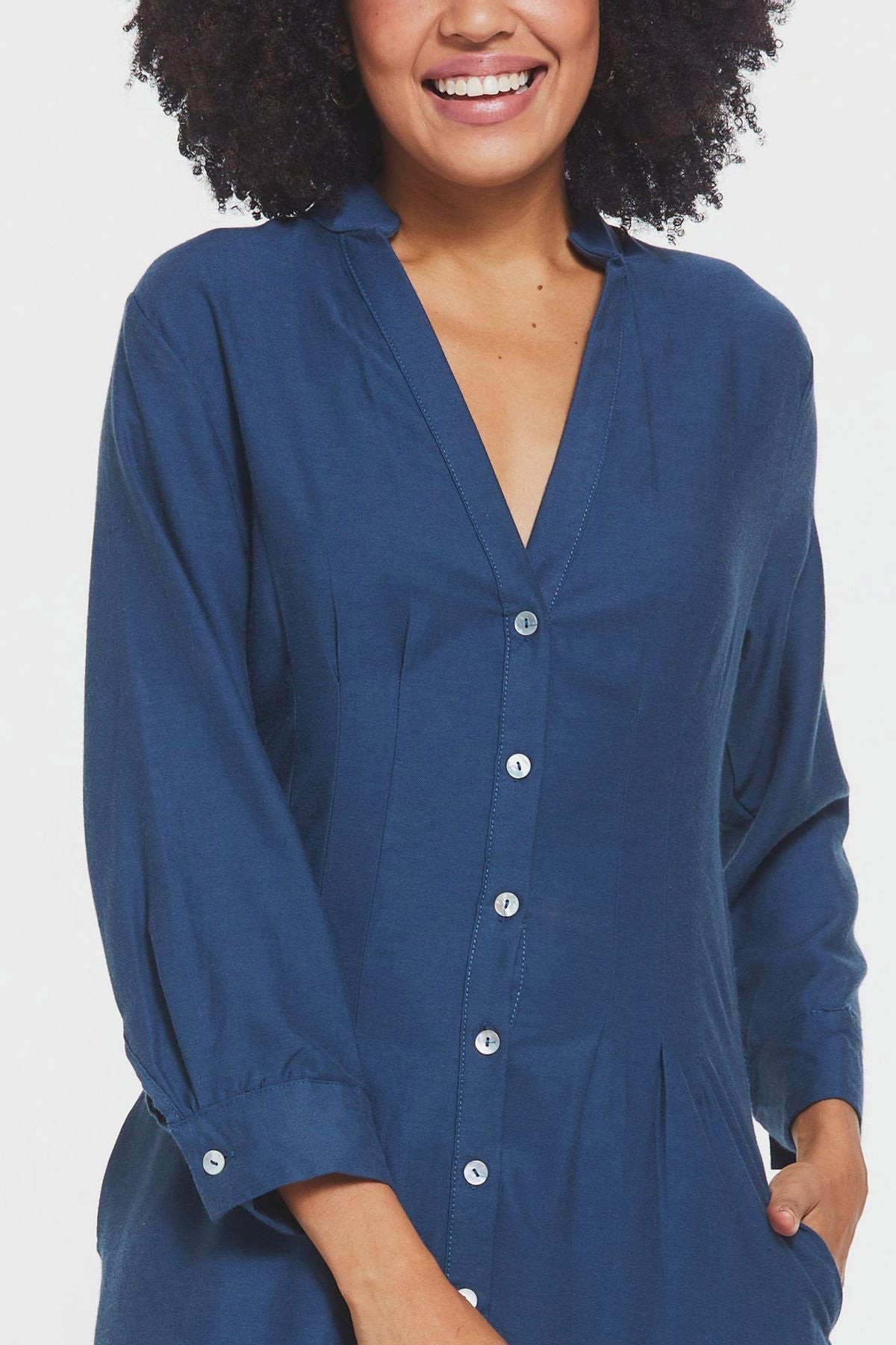 Button Up Midi Fall Dress Blue