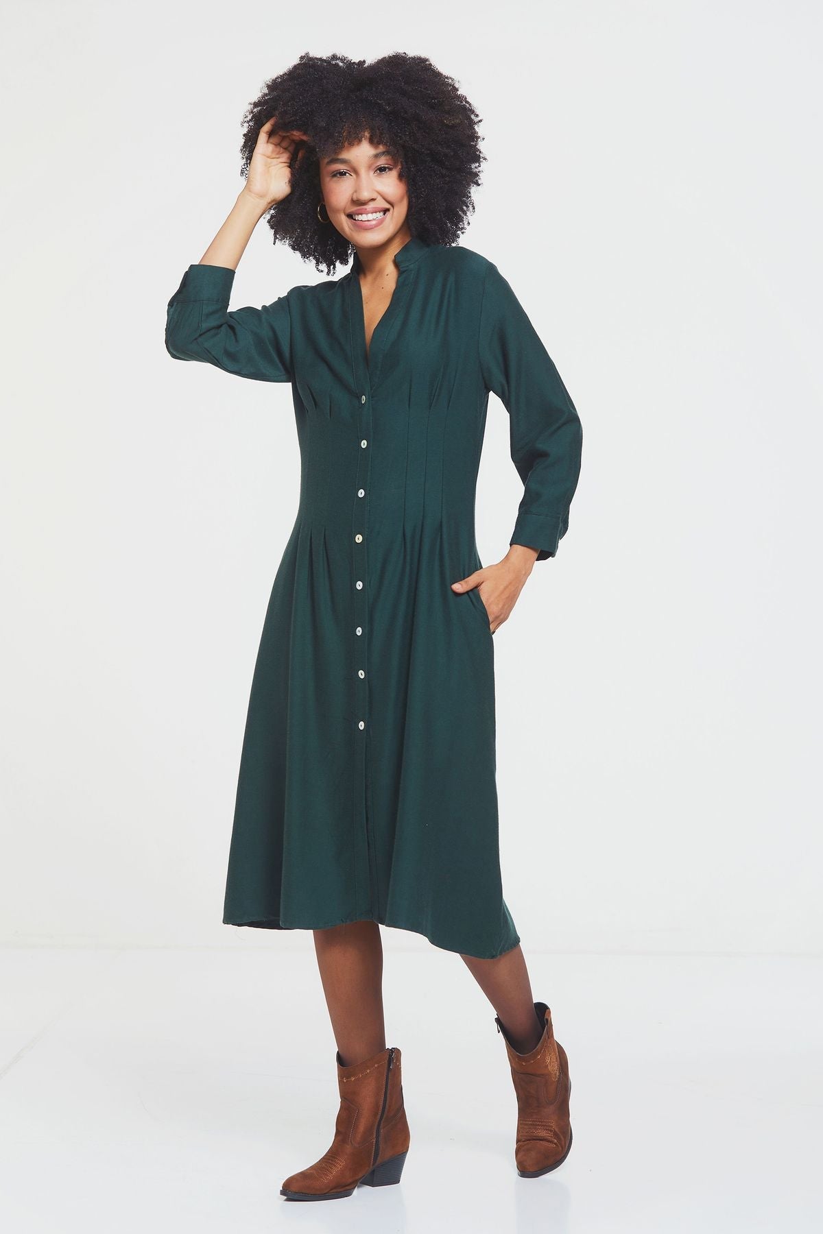 Button Up Midi Fall Dress Green
