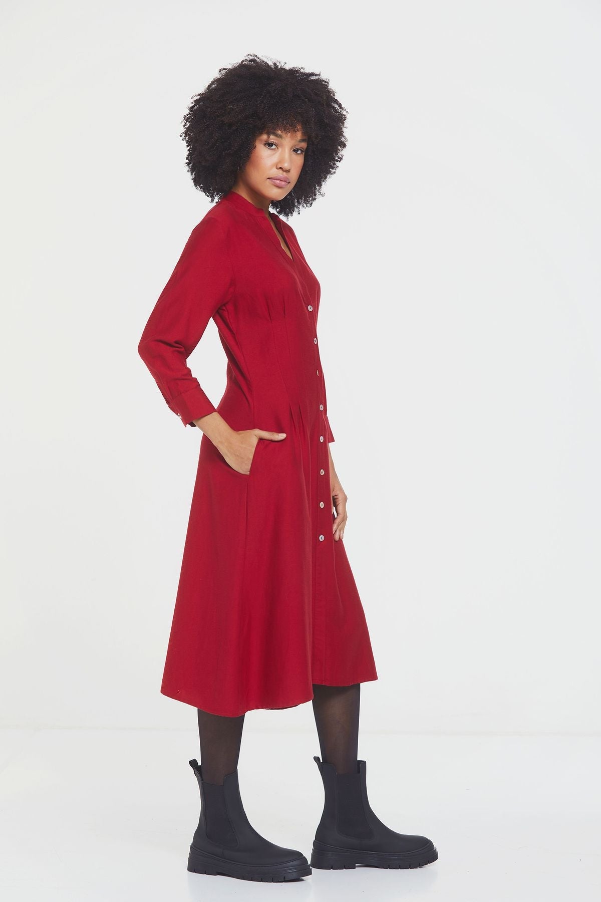 Button Up Midi Fall Dress Red