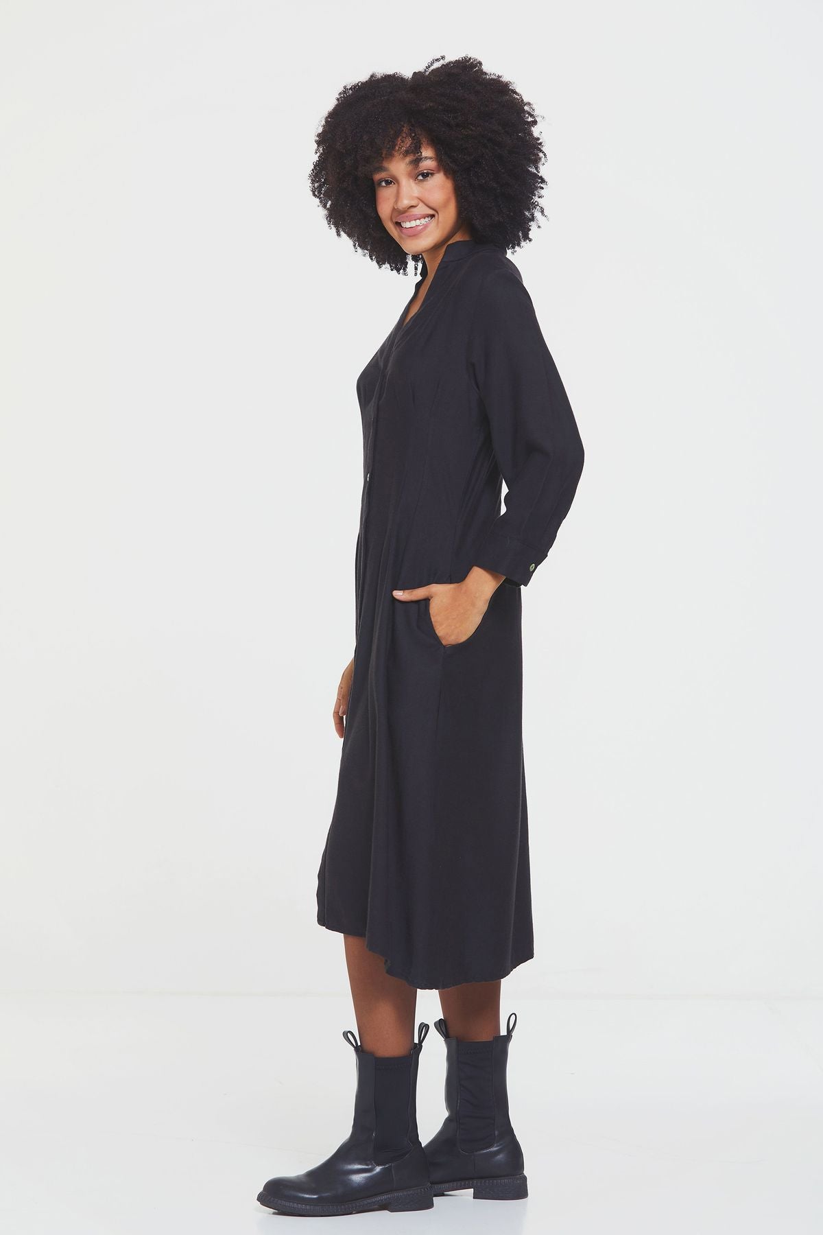 Button Up Midi Fall Dress Black