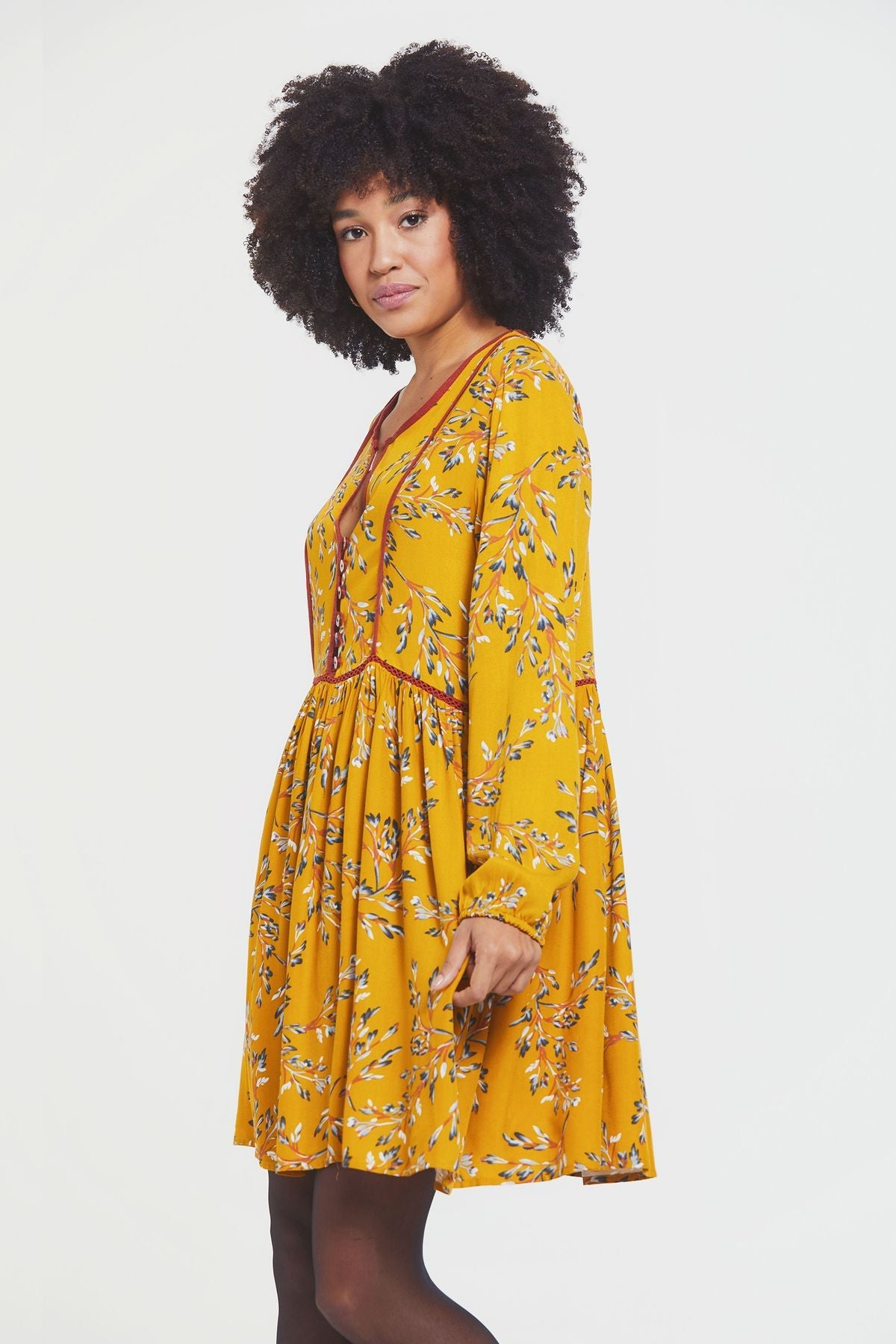 Long Sleeve Mini Lacey Fall Dress Yellow
