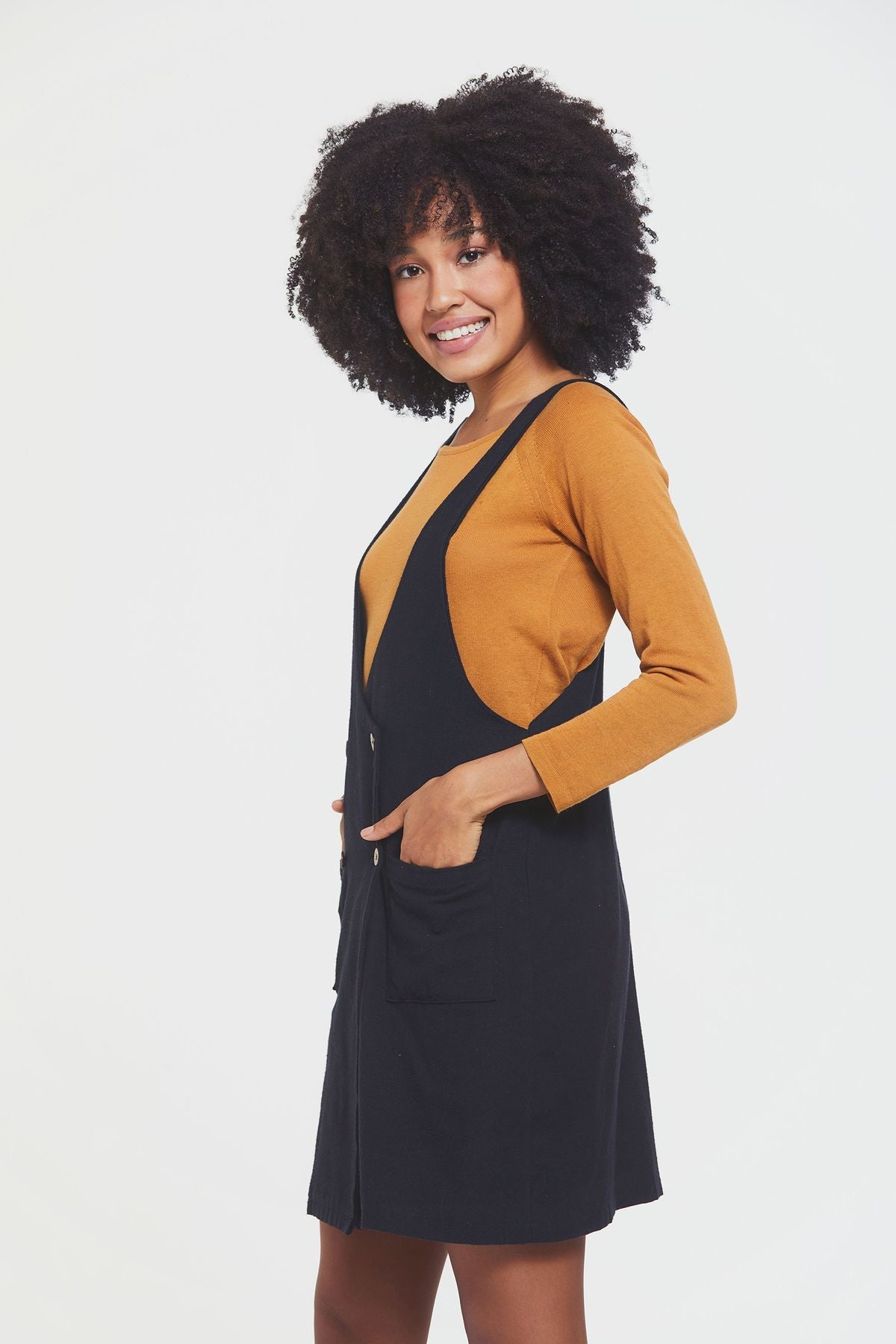 Short Gilet Dress with Buttons on Front Black