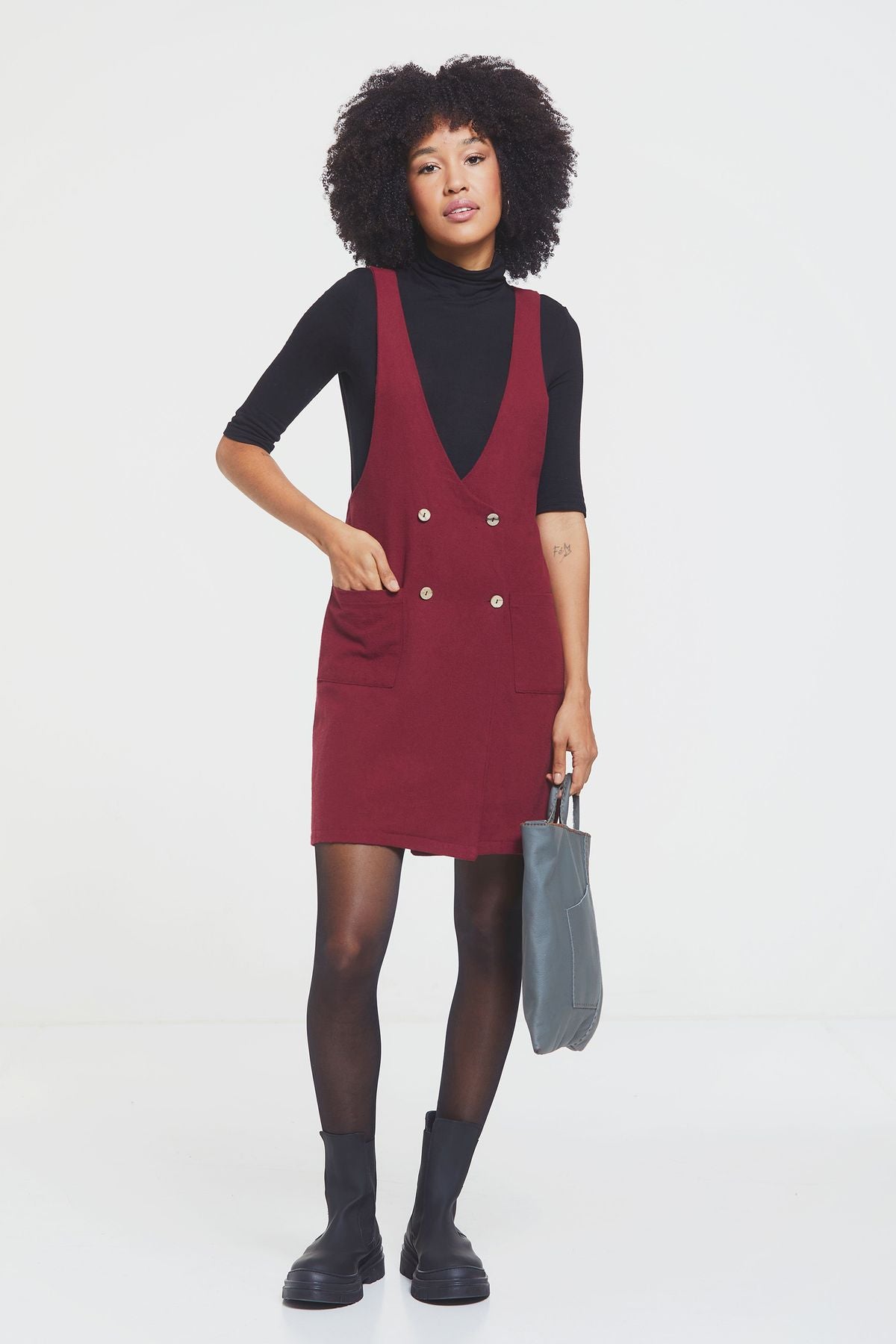 Short Gilet Dress with Buttons on Front Dark Red