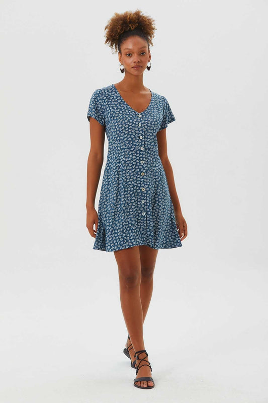 Floral Mini Button Up Summer Dress Blue