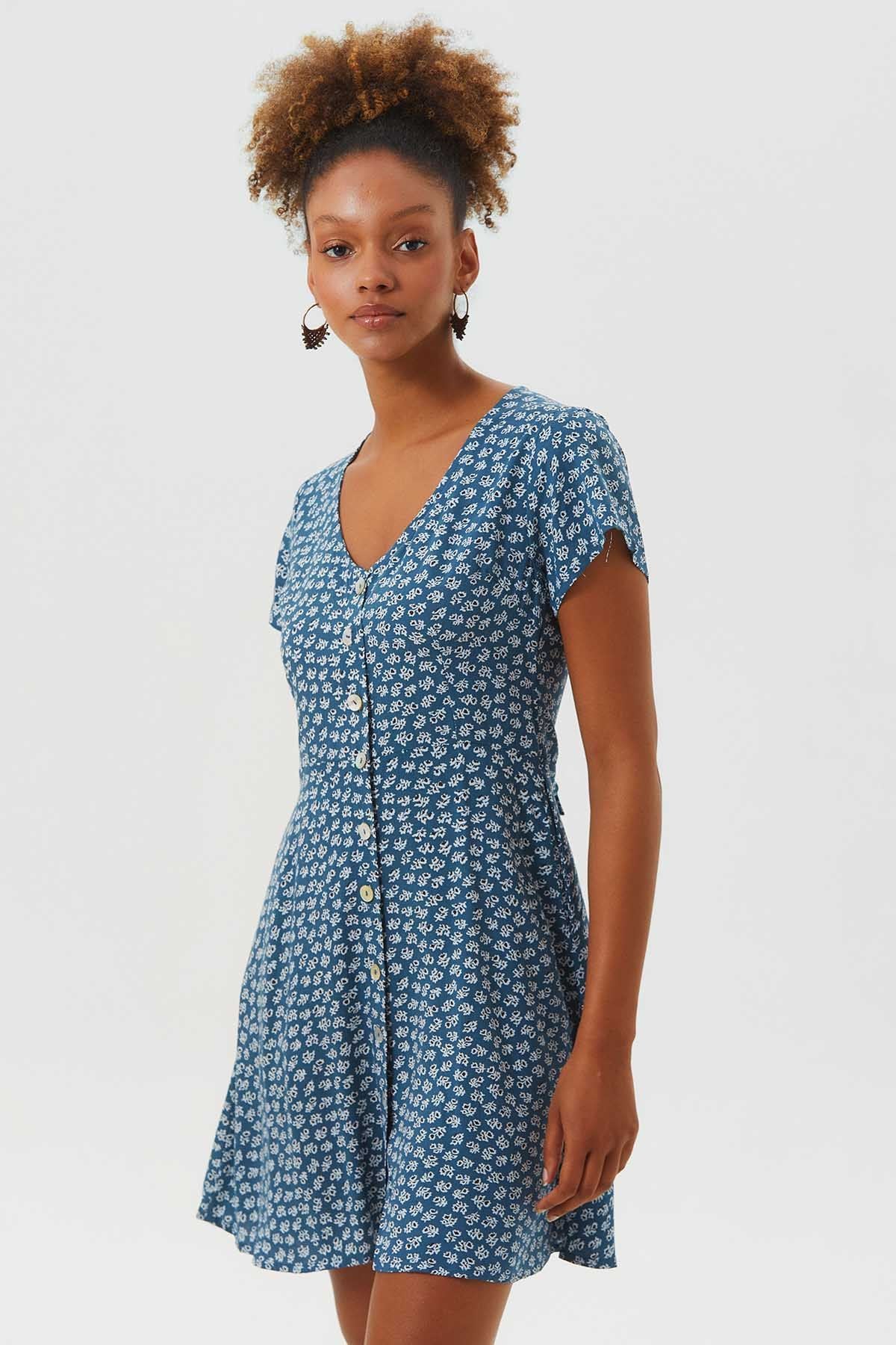 Floral Mini Button Up Summer Dress Blue