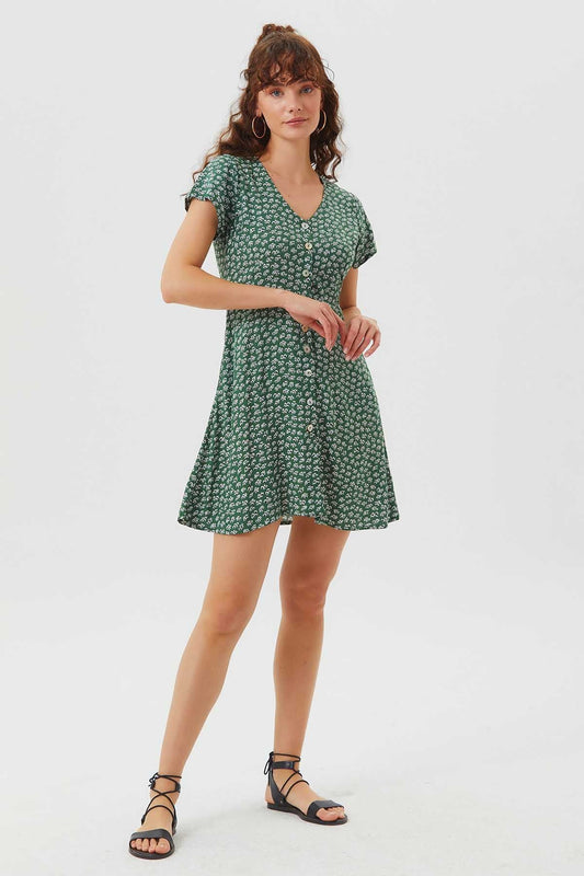 Floral Mini Button Up Summer Dress Green