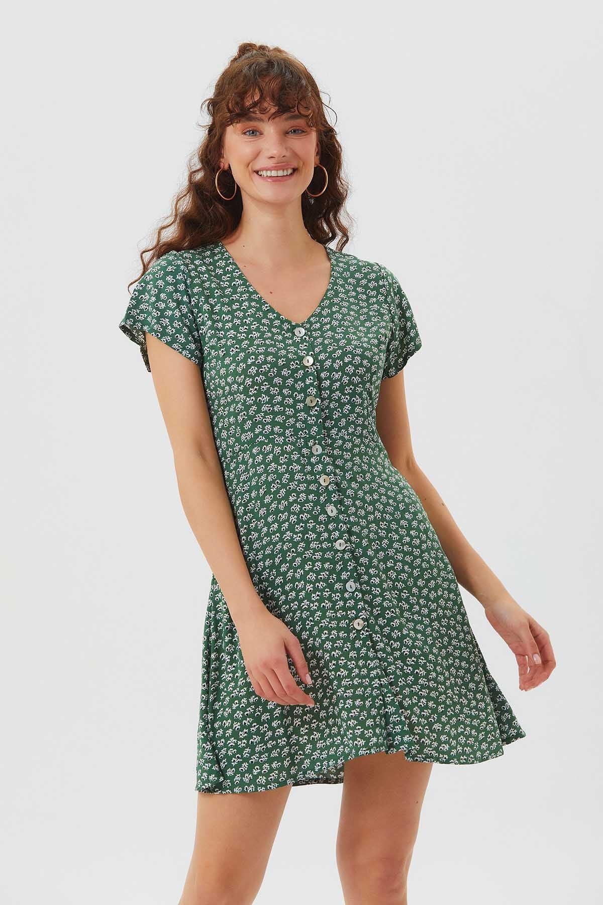 Floral Mini Button Up Summer Dress Green