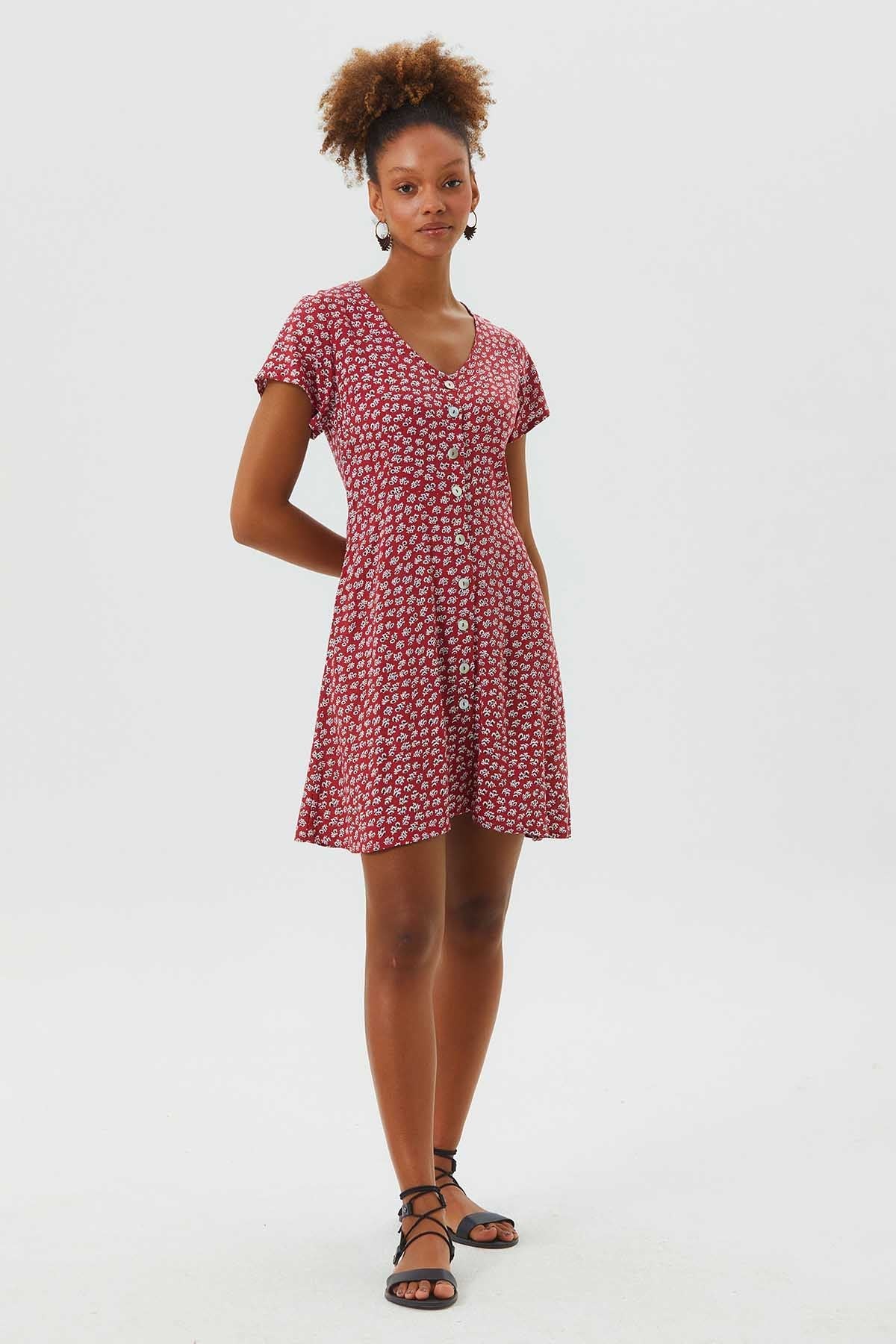 Floral Mini Button Up Summer Dress Red