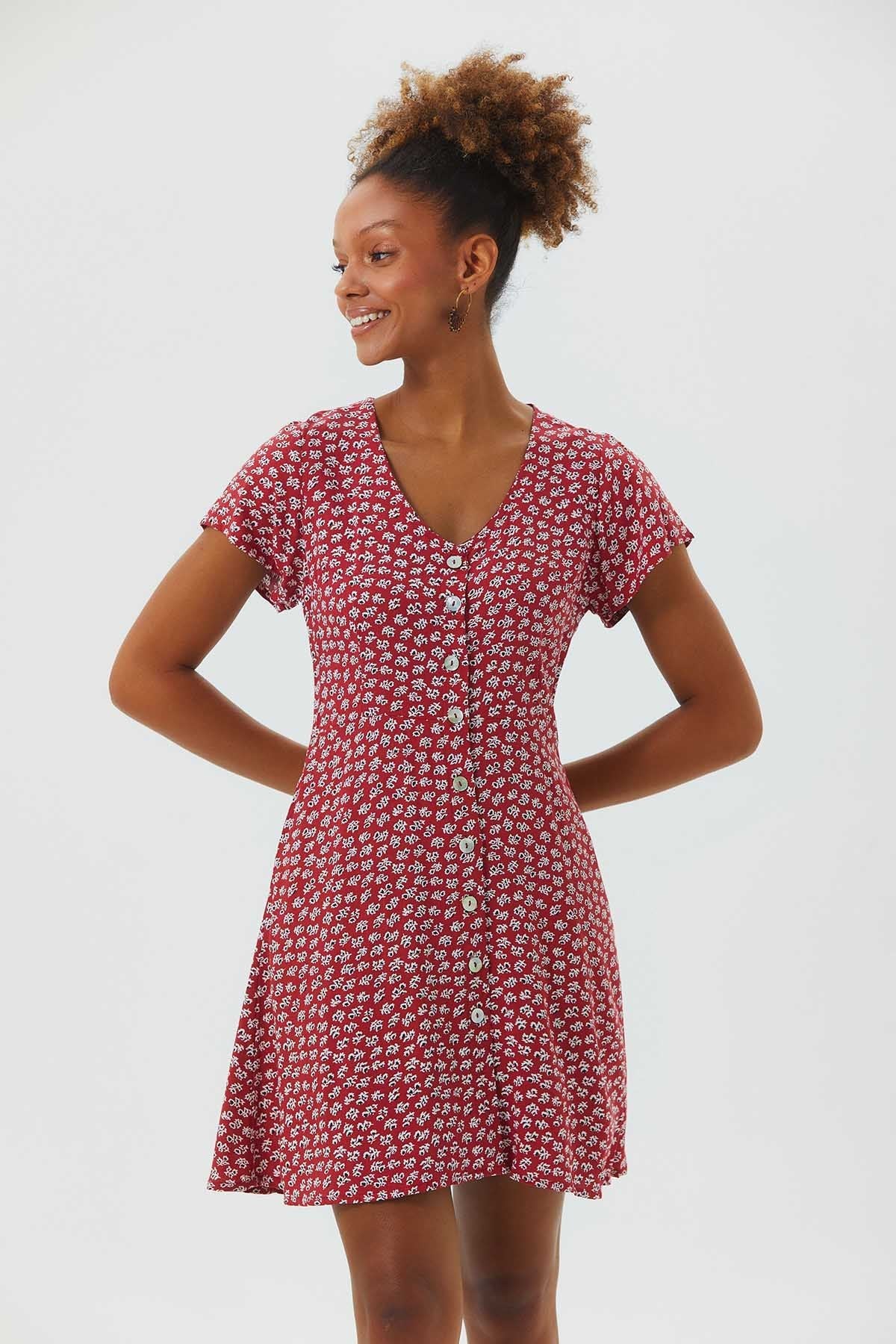 Floral Mini Button Up Summer Dress Red