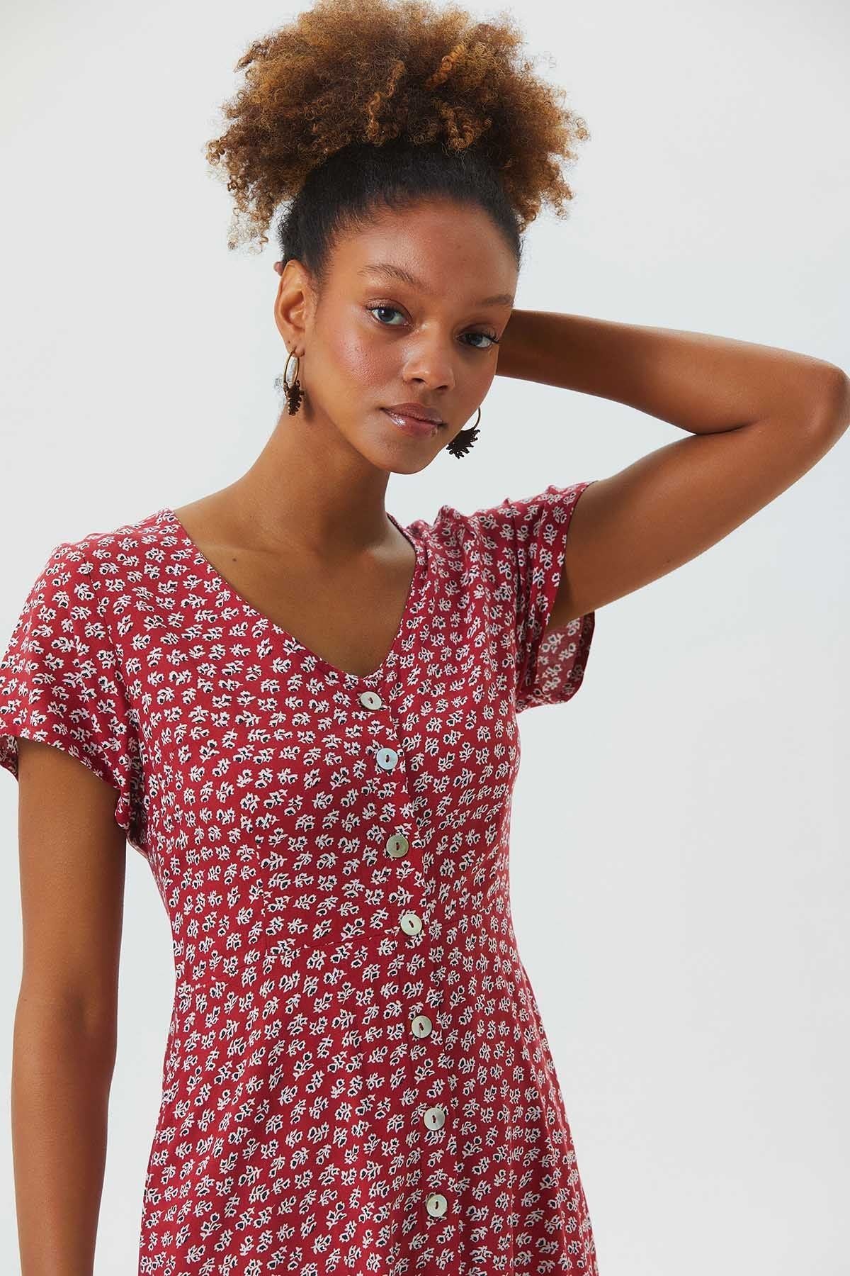 Floral Mini Button Up Summer Dress Red