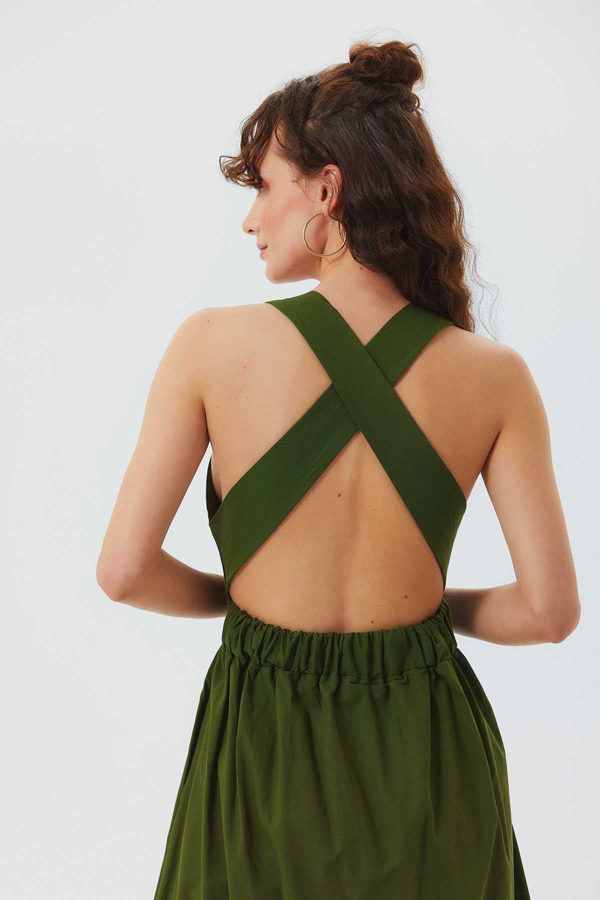 Open Back Fit and Flare Cotton Dress Green
