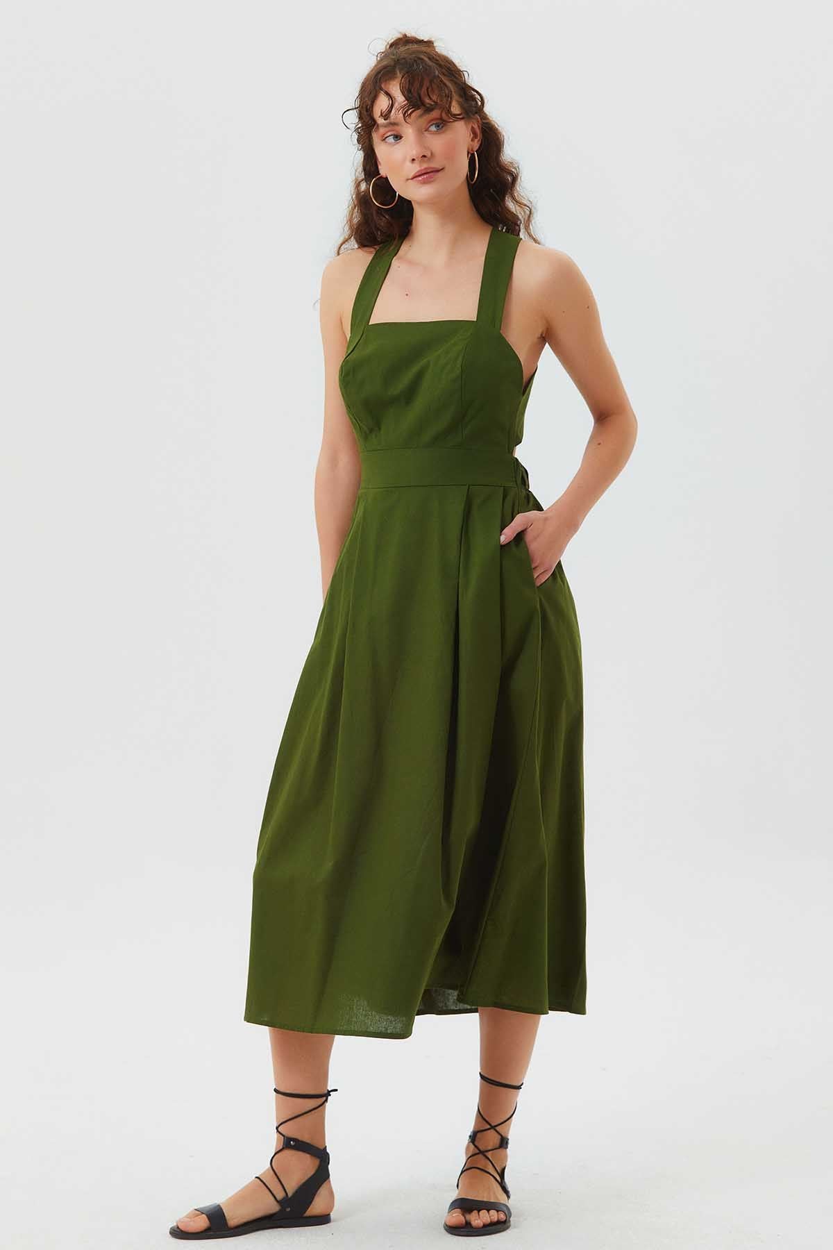 Open Back Fit and Flare Cotton Dress Green