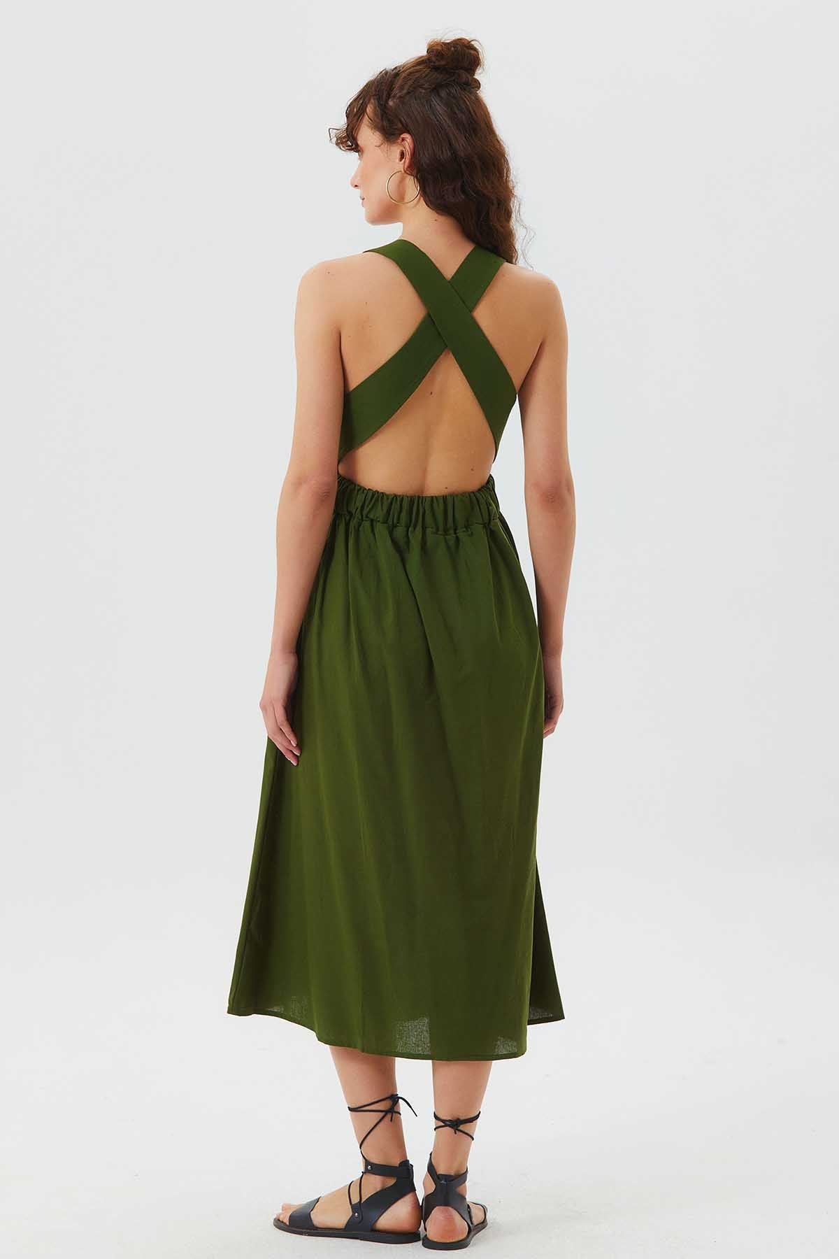 Open Back Fit and Flare Cotton Dress Green