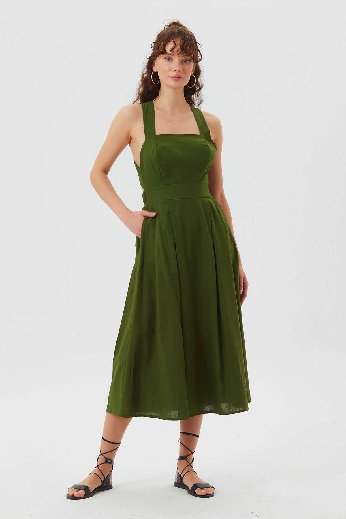 Open Back Fit and Flare Cotton Dress Green