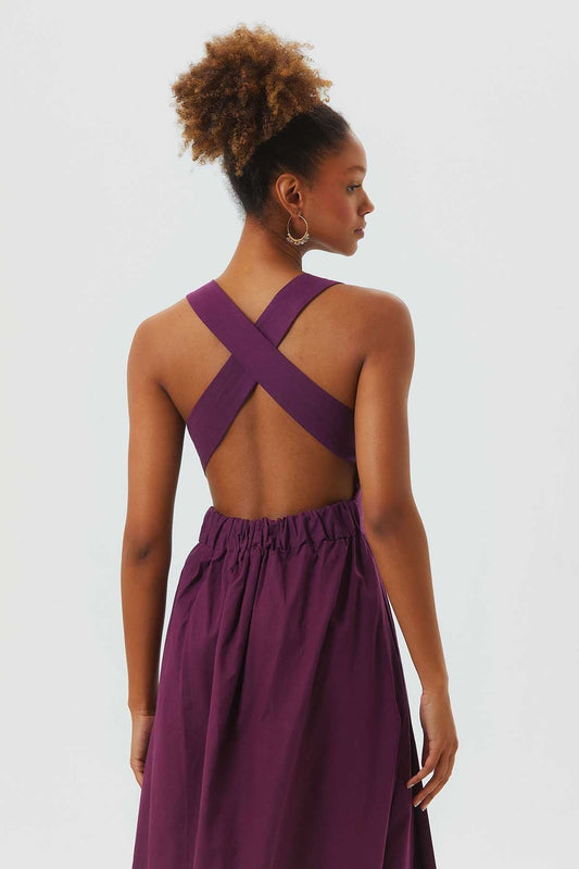 Open Back Fit and Flare Cotton Dress Purple