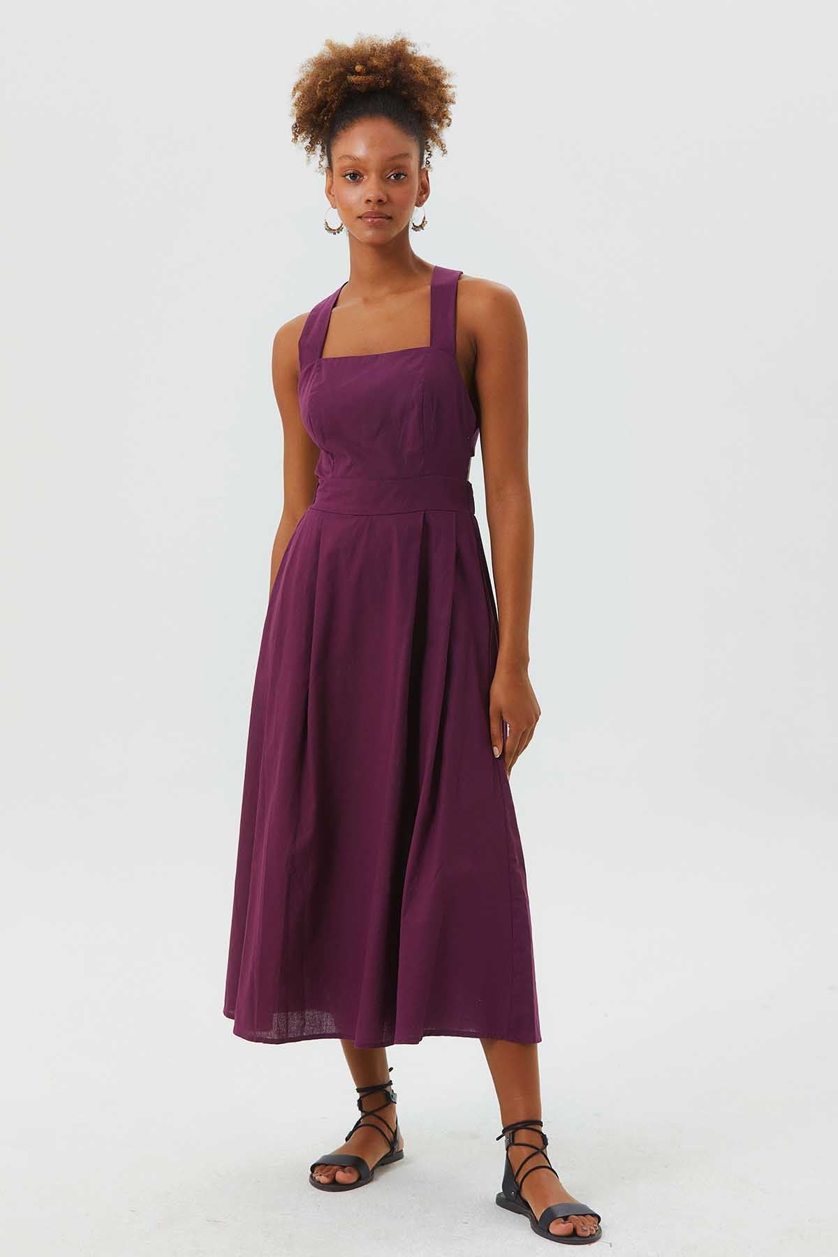 Open Back Fit and Flare Cotton Dress Purple
