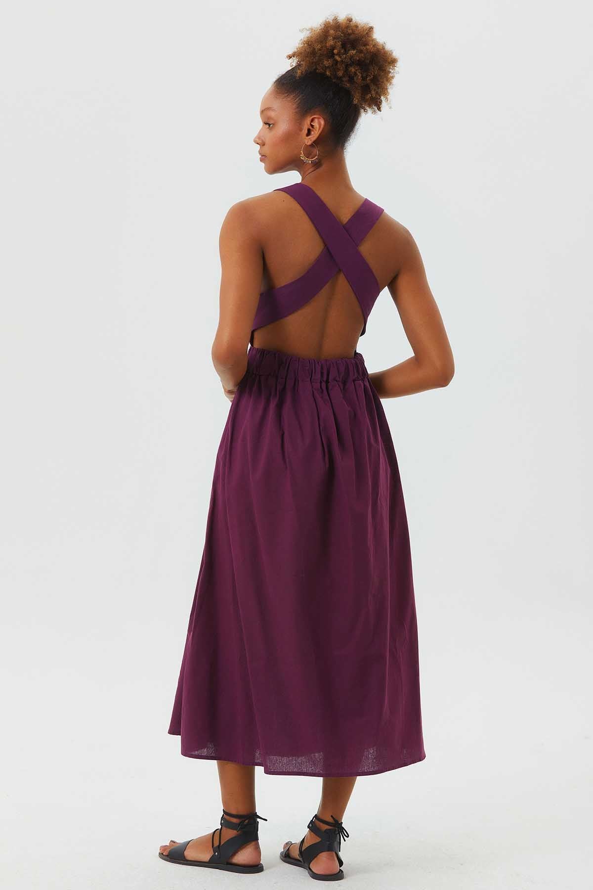 Open Back Fit and Flare Cotton Dress Purple