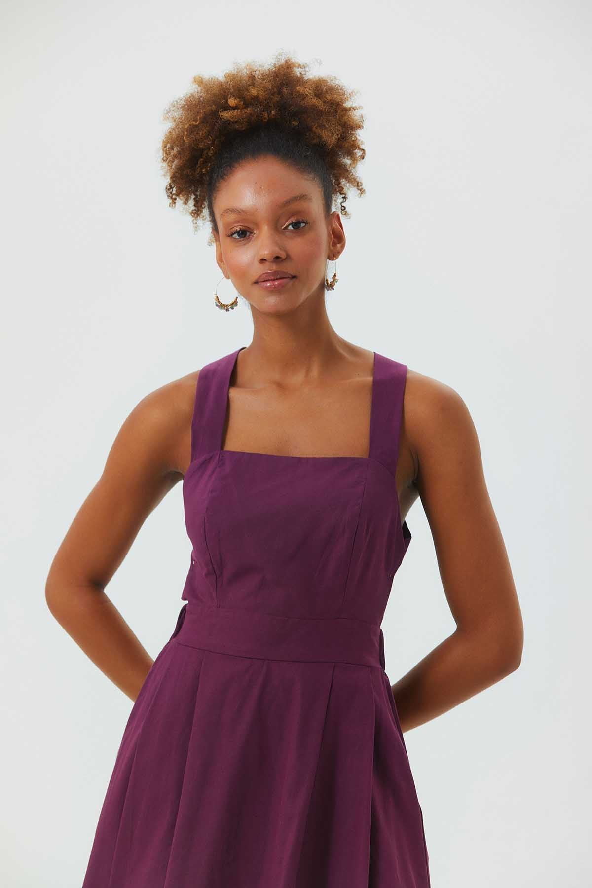 Open Back Fit and Flare Cotton Dress Purple