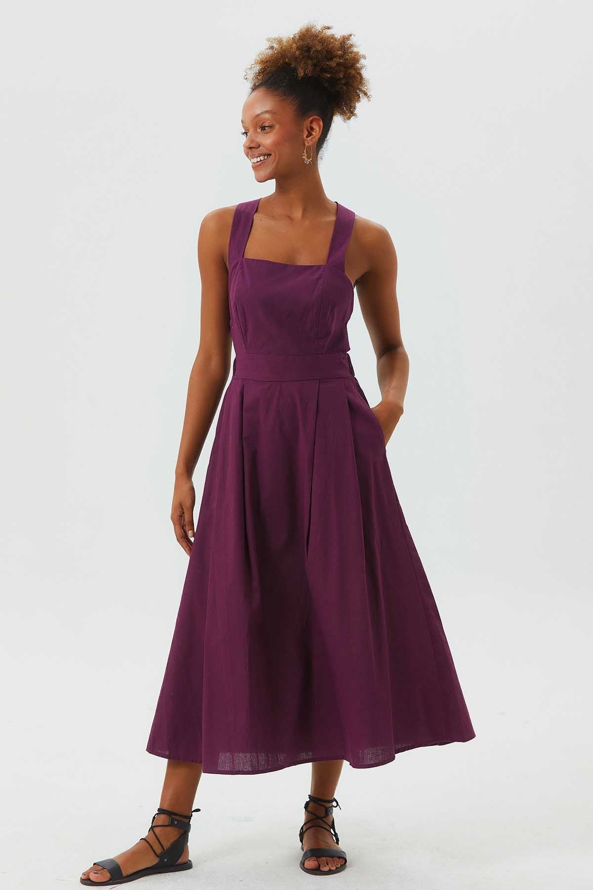 Open Back Fit and Flare Cotton Dress Purple