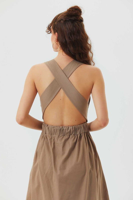 Open Back Fit and Flare Cotton Dress Beige