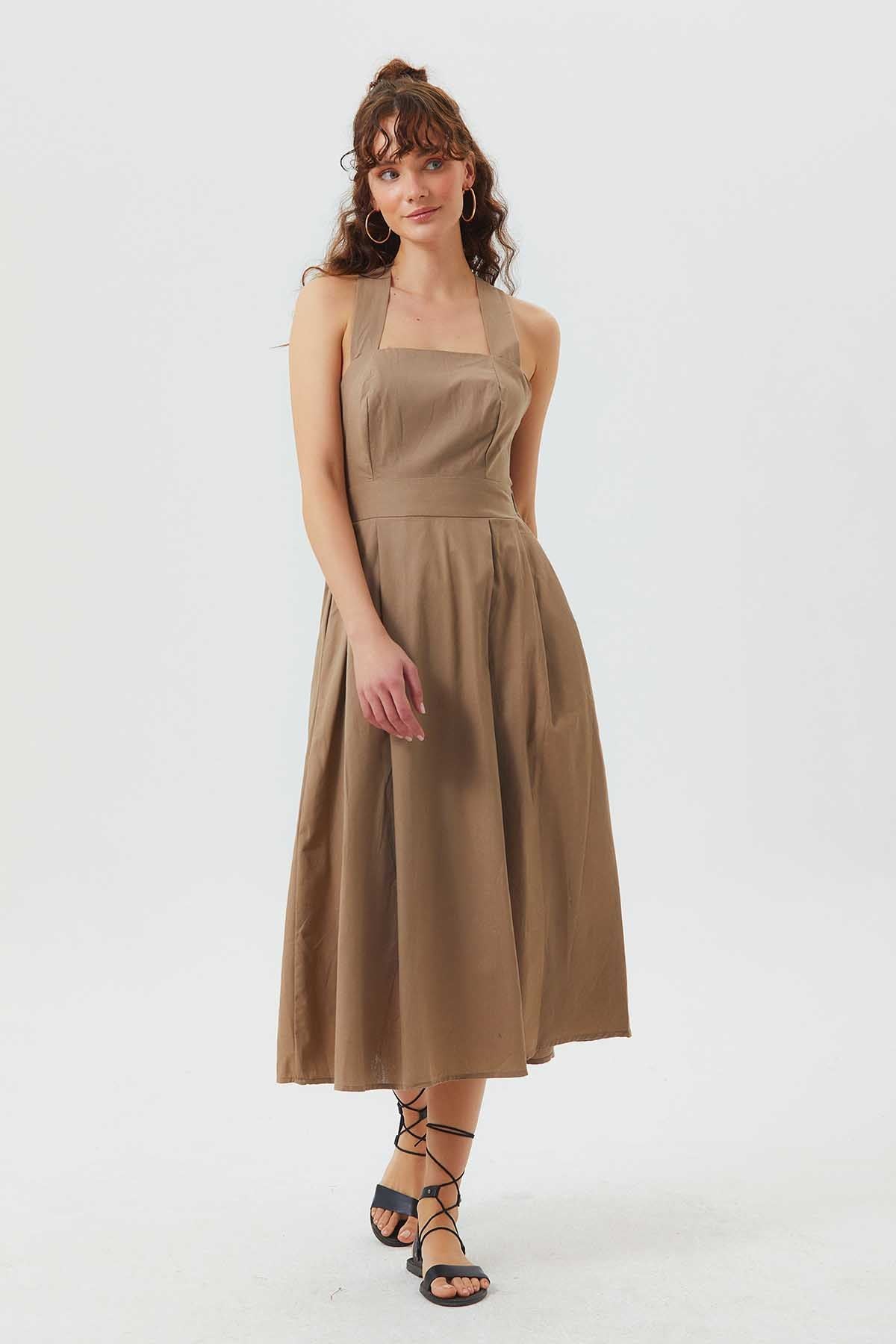Open Back Fit and Flare Cotton Dress Beige