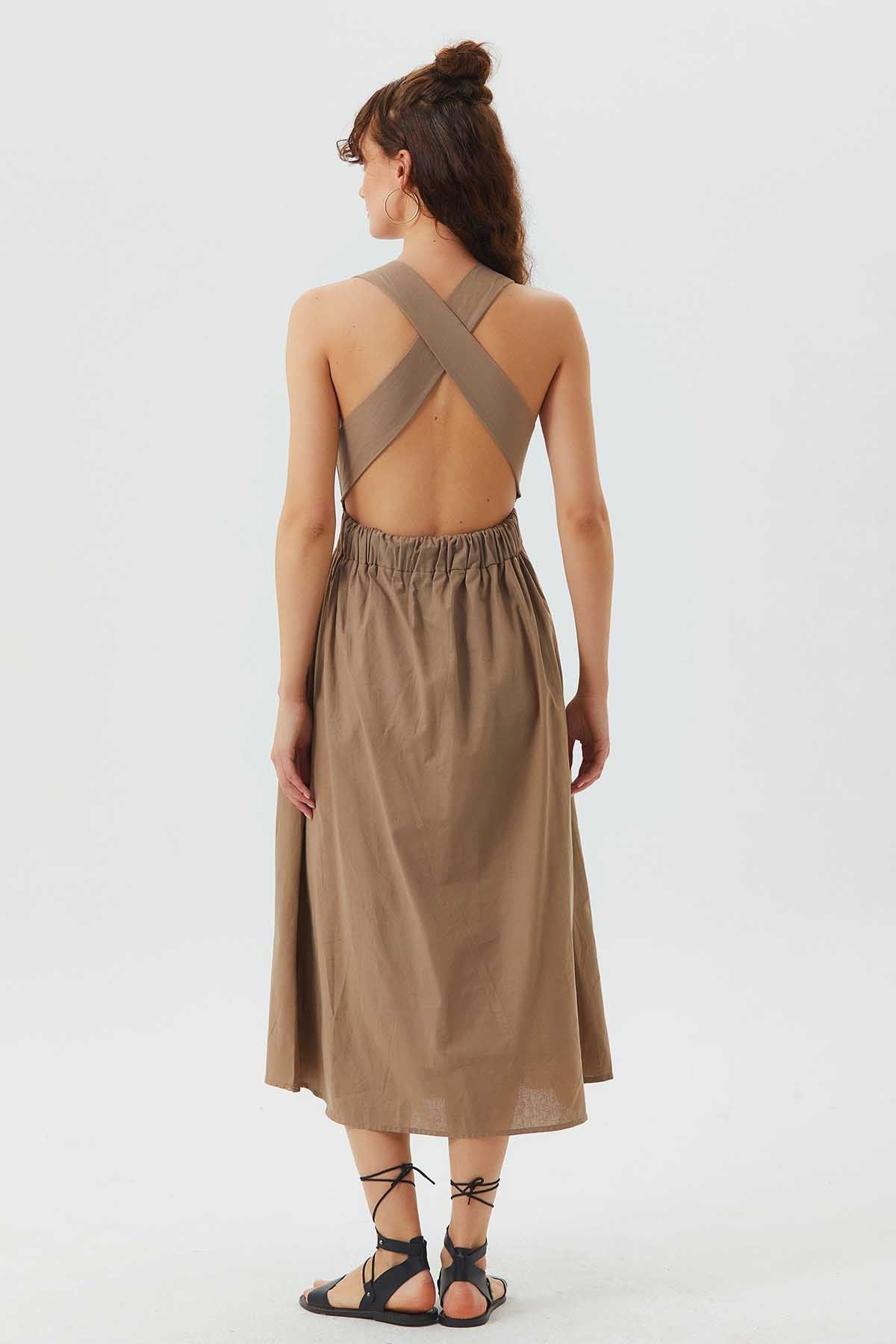 Open Back Fit and Flare Cotton Dress Beige