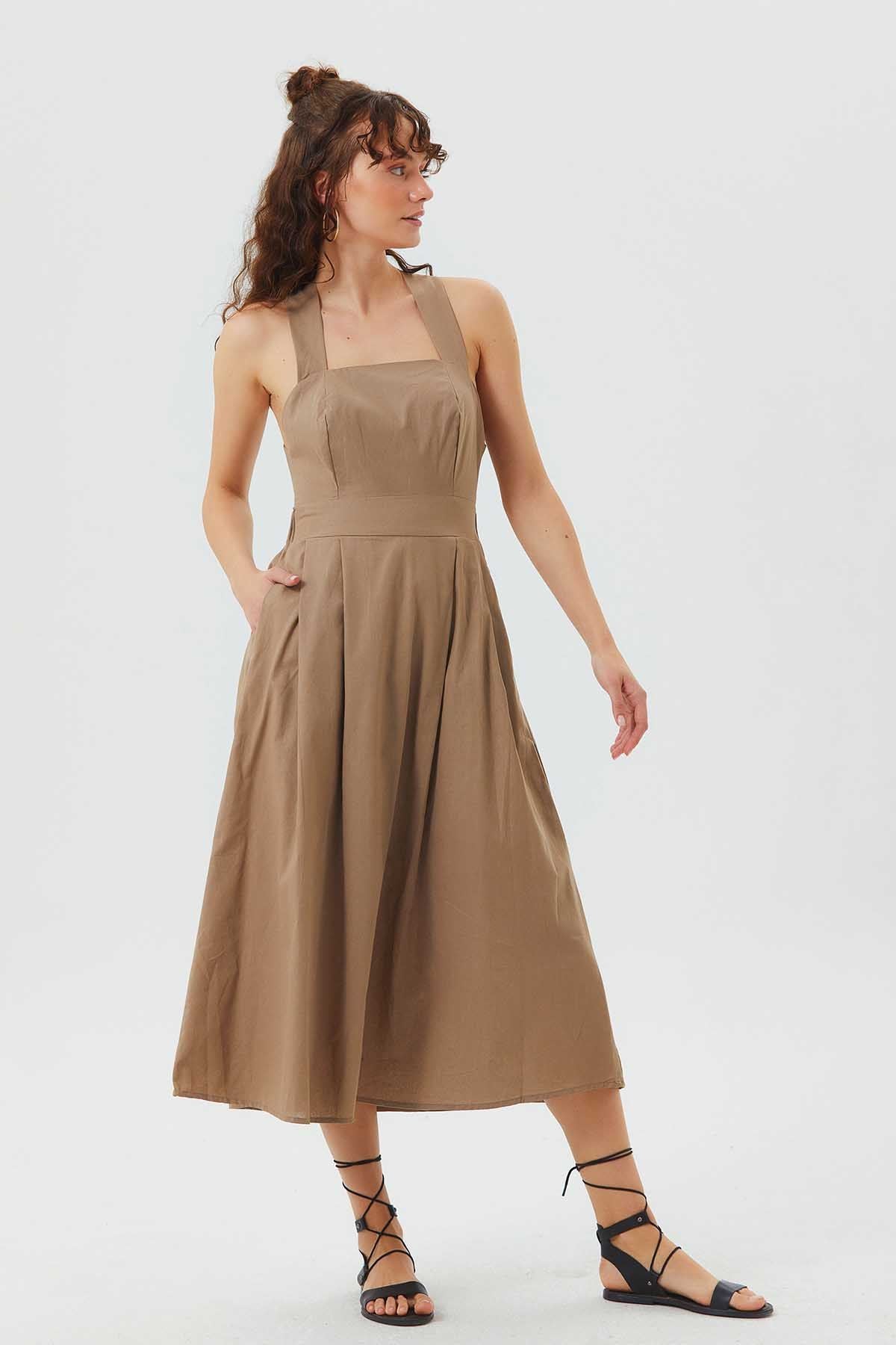 Open Back Fit and Flare Cotton Dress Beige