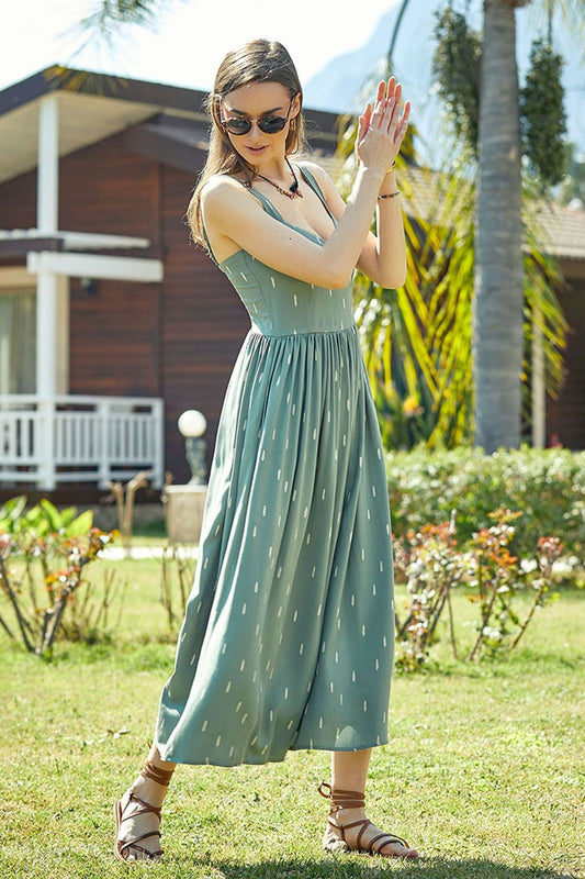 Thick Strap Printed Boho Dress Green