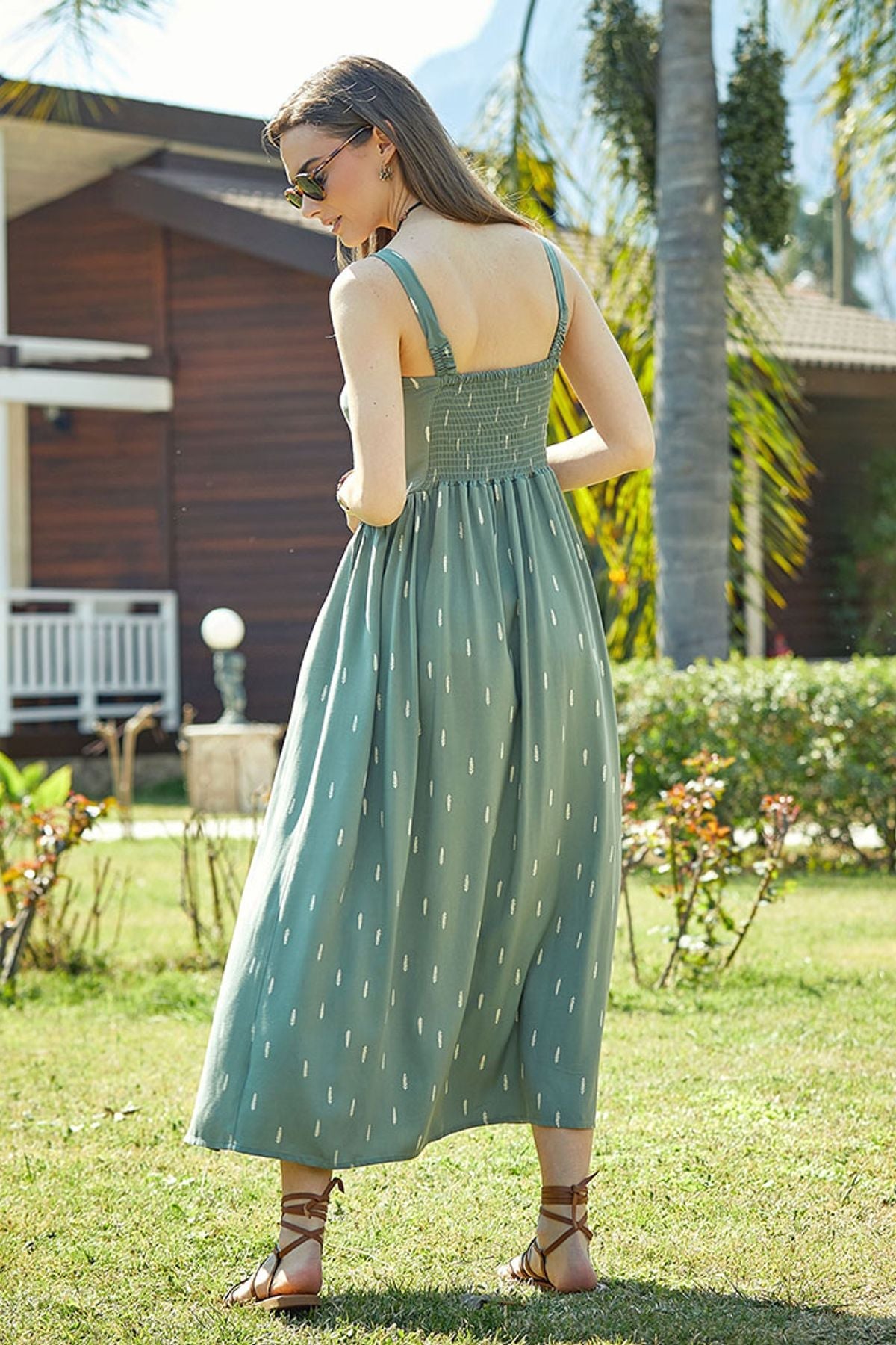 Thick Strap Printed Boho Dress Green