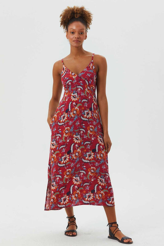 Fit and Flare Floral Casual Dress Dark Red