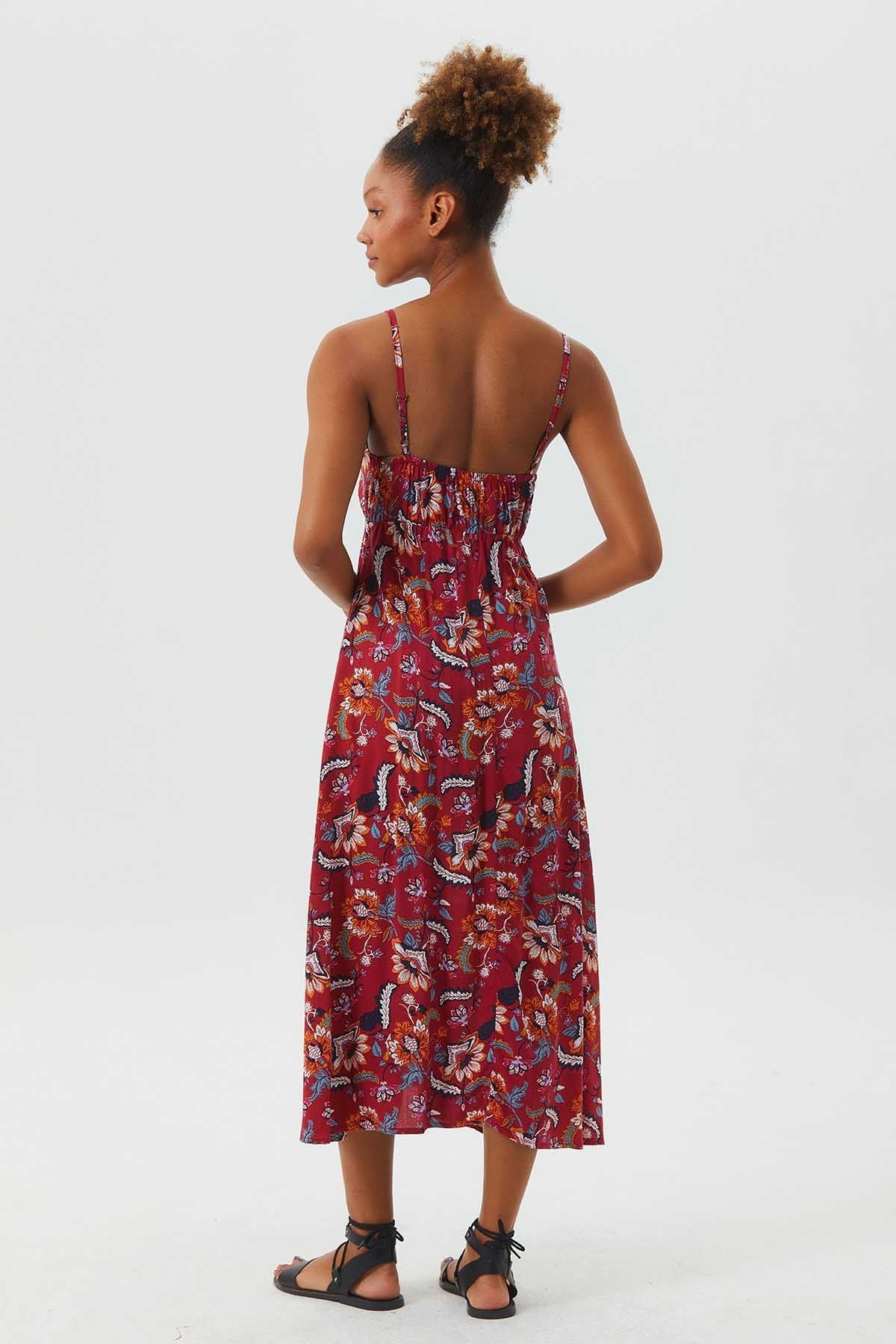 Fit and Flare Floral Casual Dress Dark Red