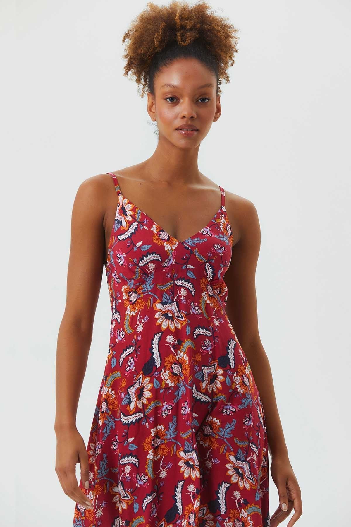 Fit and Flare Floral Casual Dress Dark Red