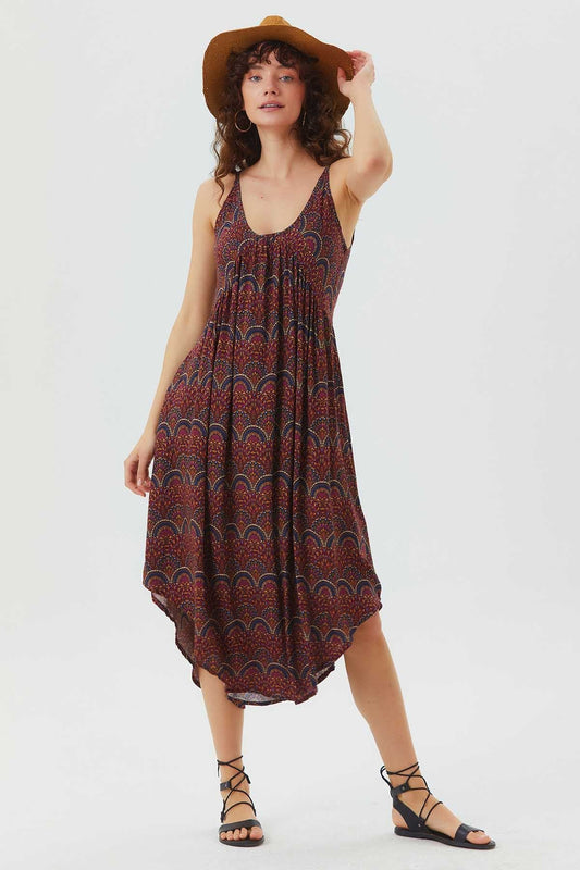 Midi Summer Dress with Patchwork Print Purple