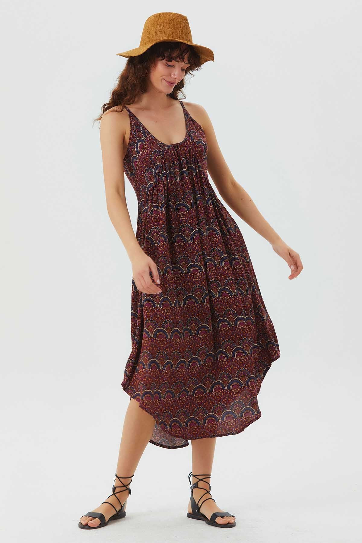Midi Summer Dress with Patchwork Print Purple